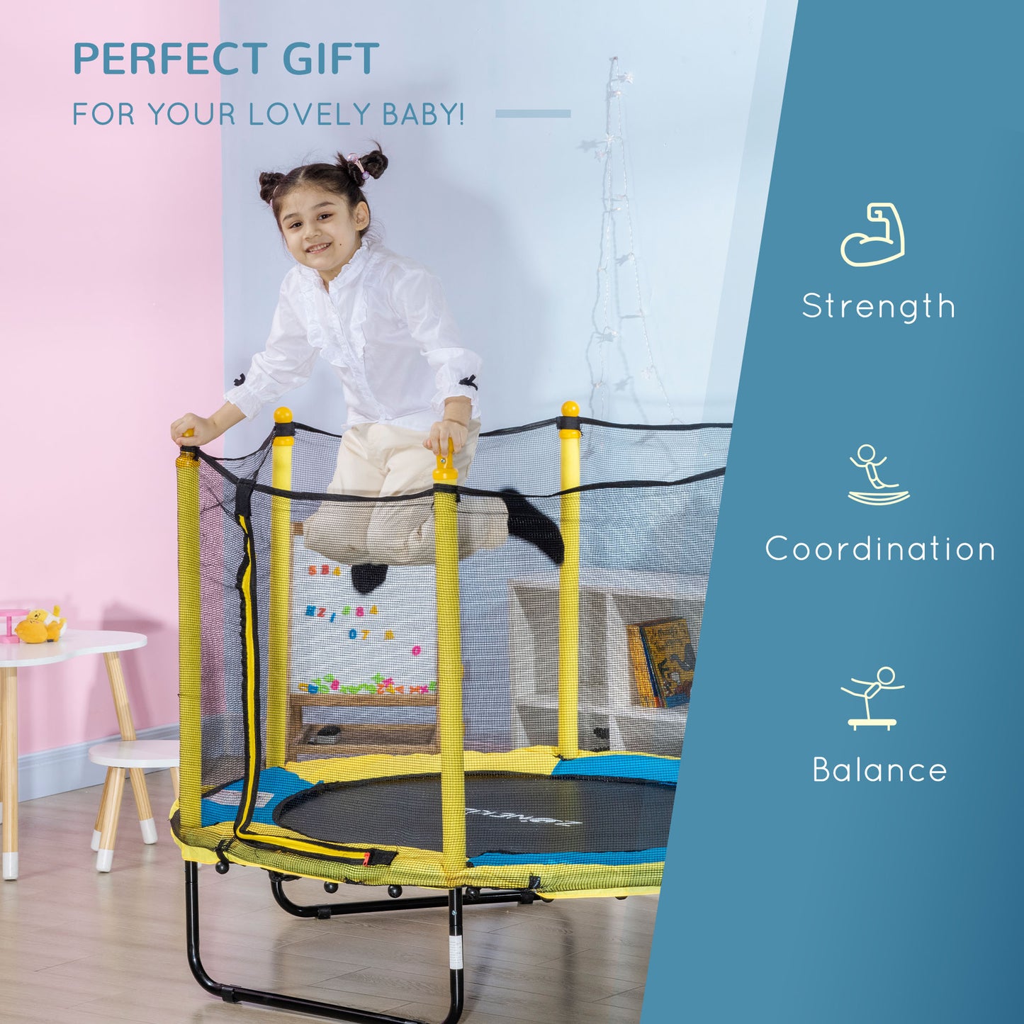 4.6FT Trampoline for Kids with Enclosure Net for Ages 3-10, Indoor Outdoor Use, Yellow Kids Crystal