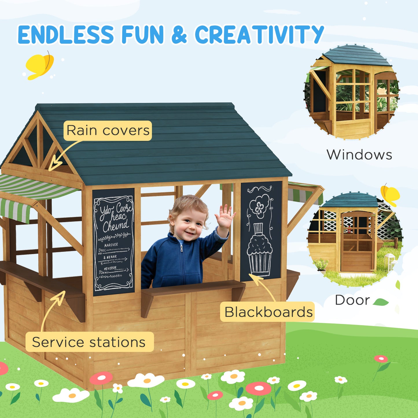 Wooden Foldable Outdoor Playhouse for Kids Ages 3-8, Snack Bars, Working Door, Rain Covers, Blackboards, Brown Kids Crystal