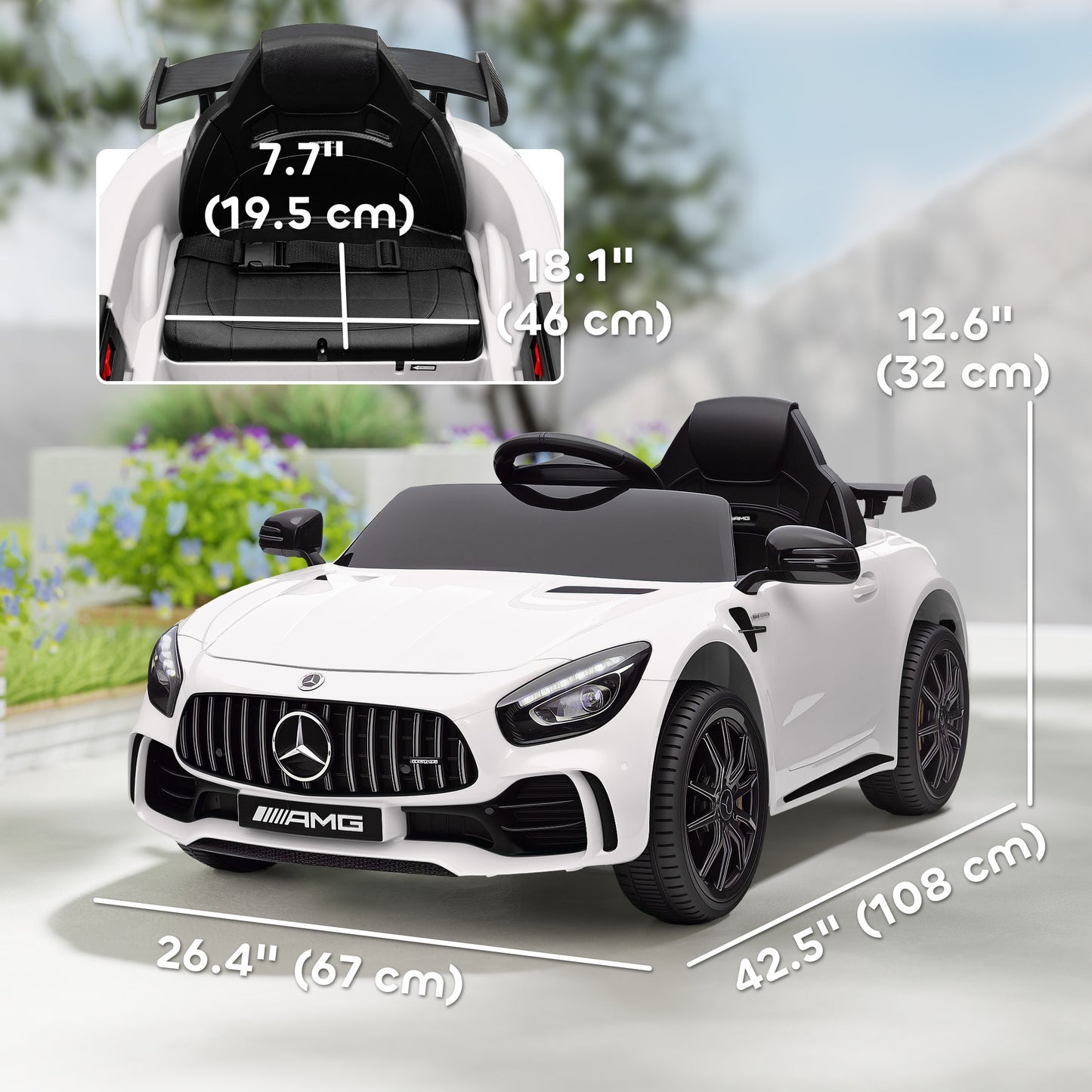 Mercedes-Benz AMG GTR Licensed 12V Battery Powered Kids Electric Car w/ Remote, Soft Start, Lights, Music Horn White Kids Crystal