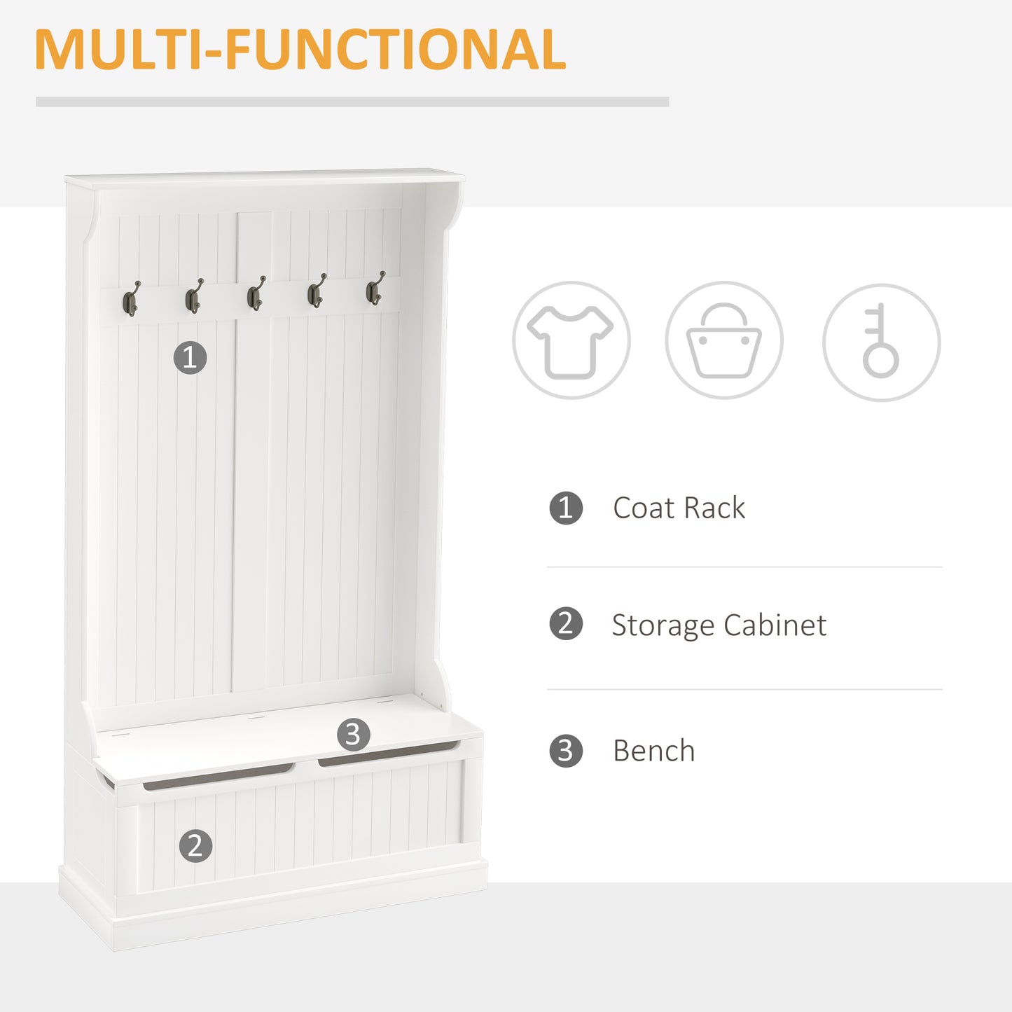 71 Inch Hall Tree with Storage Bench 3-In-1 Coat Rack 5 Steel Hooks Entryway Organizer Cream White