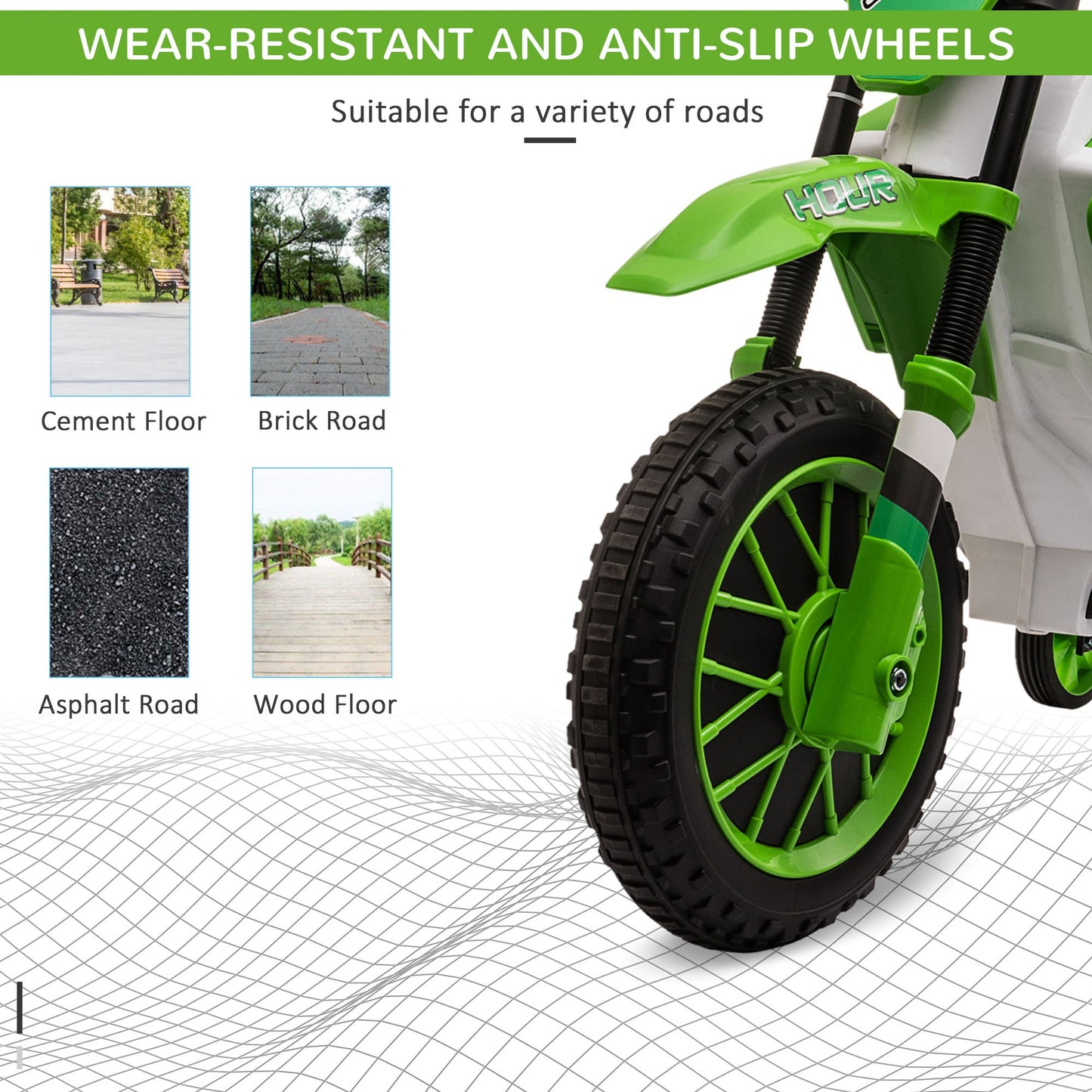 Kids Dirt Bike Battery-Powered Ride-On Electric Motorcycle with Charging 12V Battery, Training Wheels Green Kids Crystal