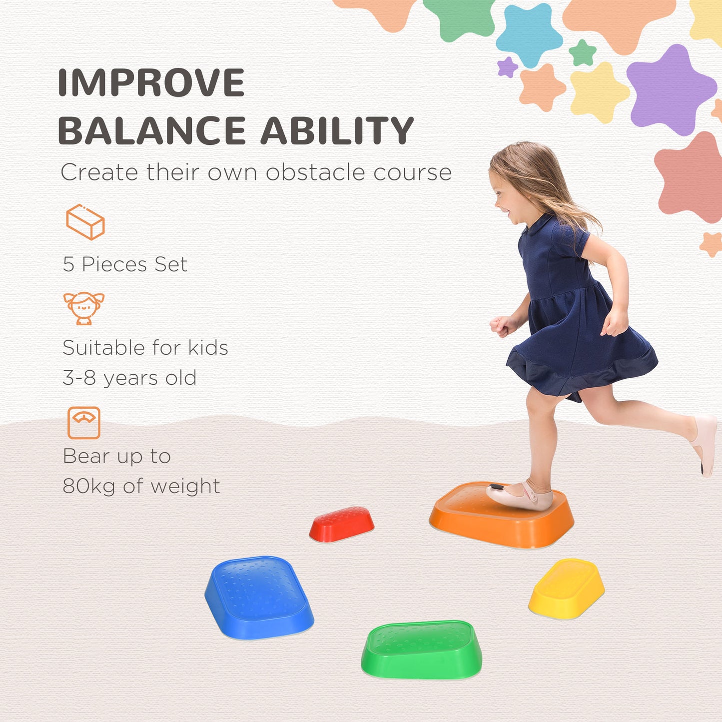 5 Piece Kids Stepping Stones for Sensory Play, Obstacle Course Equipment, Suitable for Ages 3-8, Indoor/Outdoor Kids Crystal