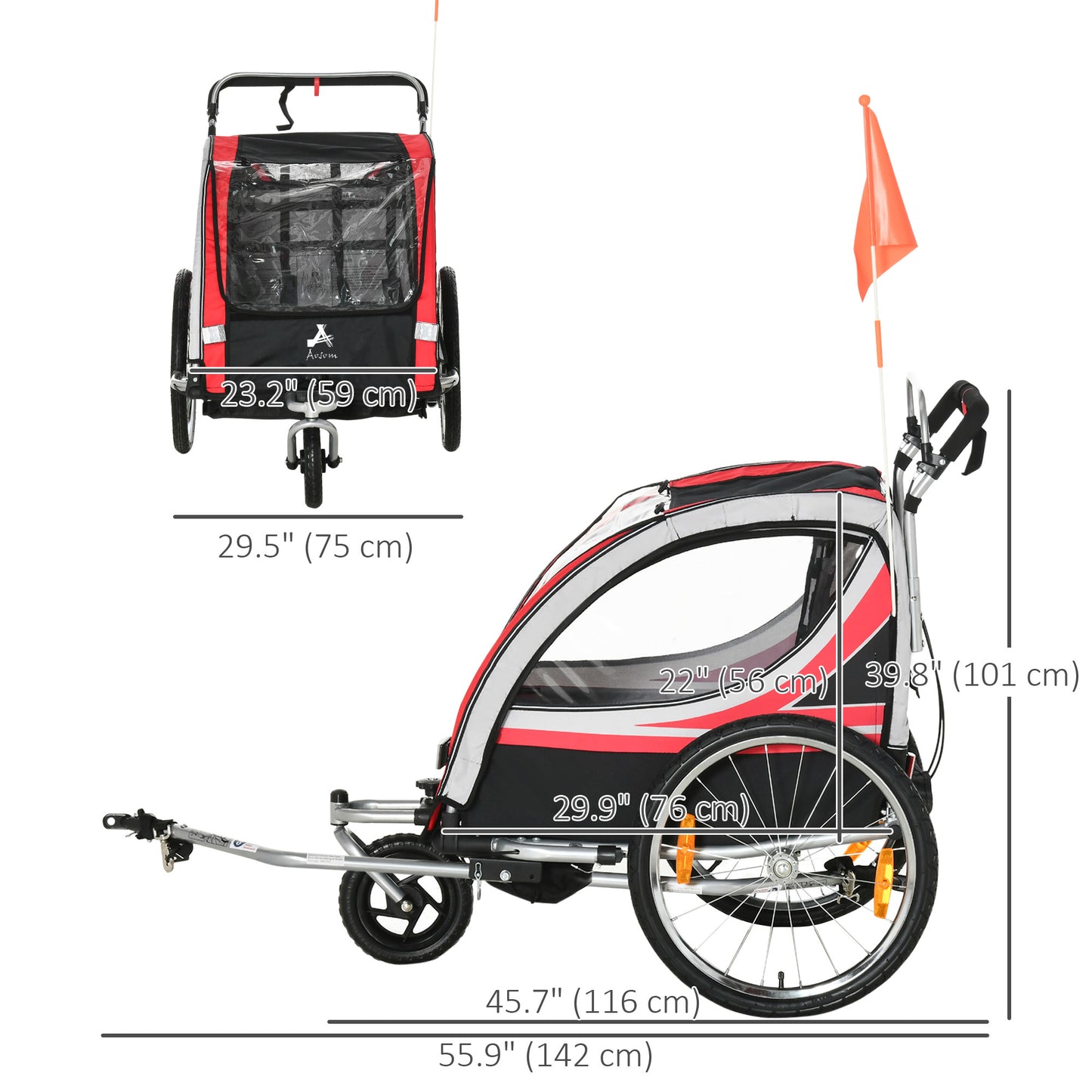 2-in-1 Child Bike Trailer & Stroller, Safety Brake, Storage, Reflective, Red, 5-Point Harness Kids Crystal