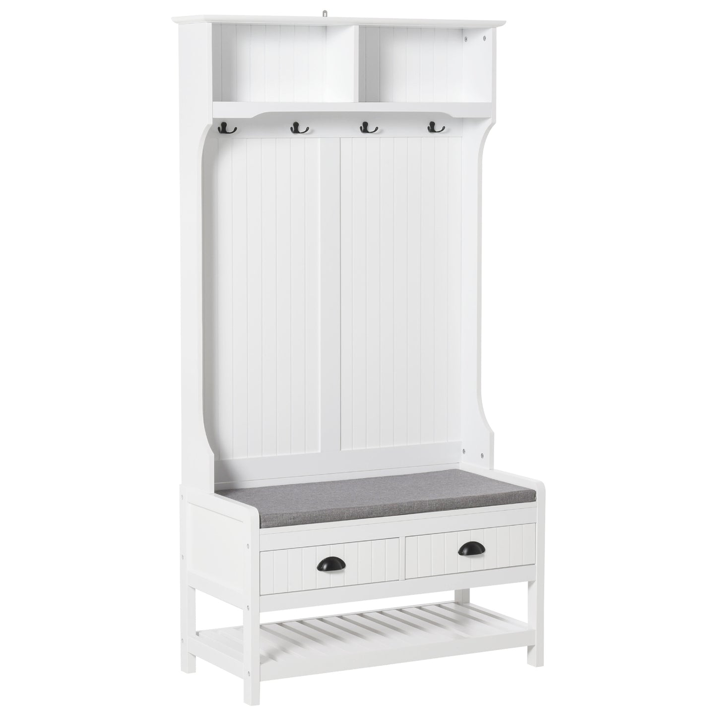 Hall Tree Bench: Entryway Bench with Coat Rack, Hooks, Drawer & Padded Seat, White