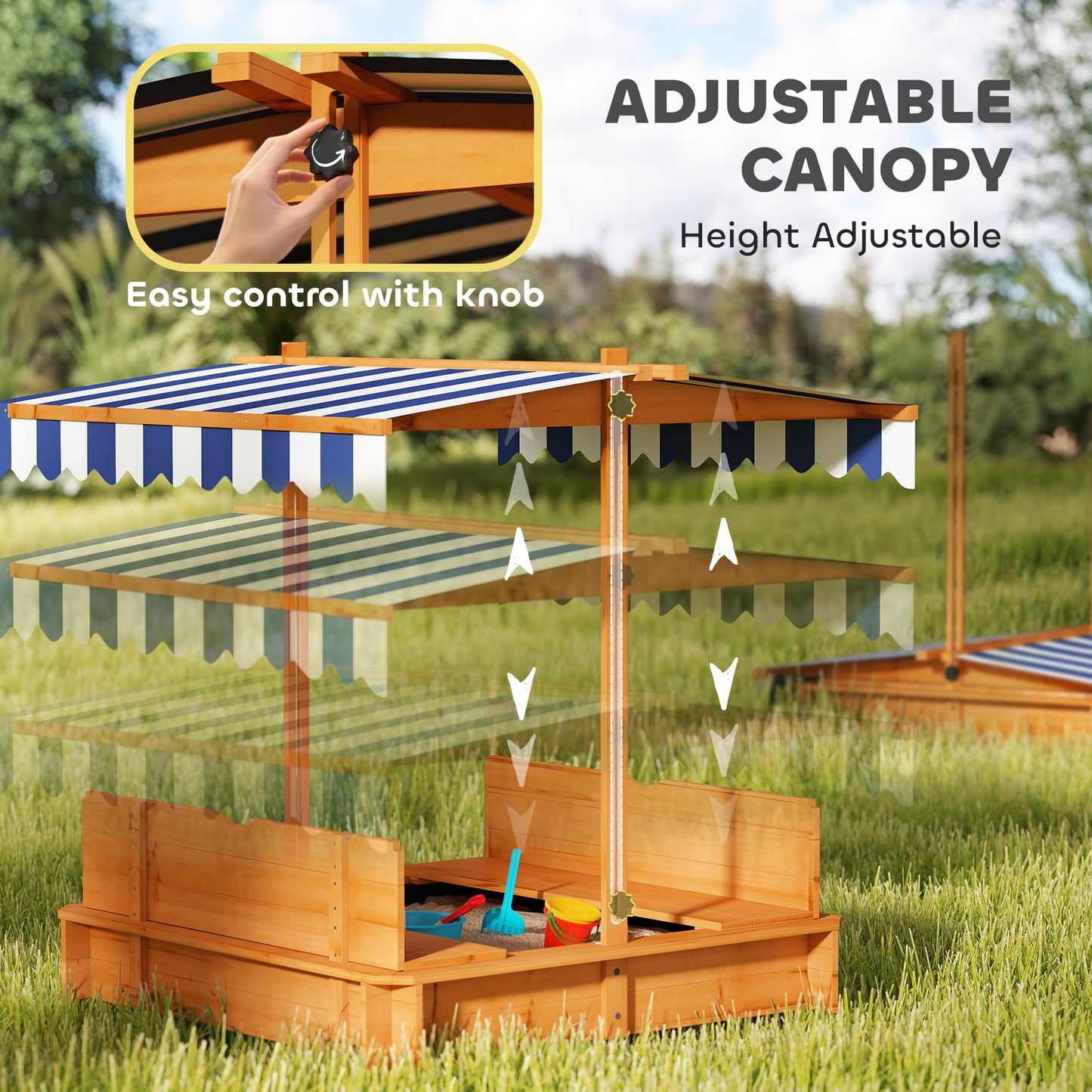 Kids Sandbox Wooden with Cover Adjustable Canopy Foldable Bench Seats Sand Play Red Kids Crystal