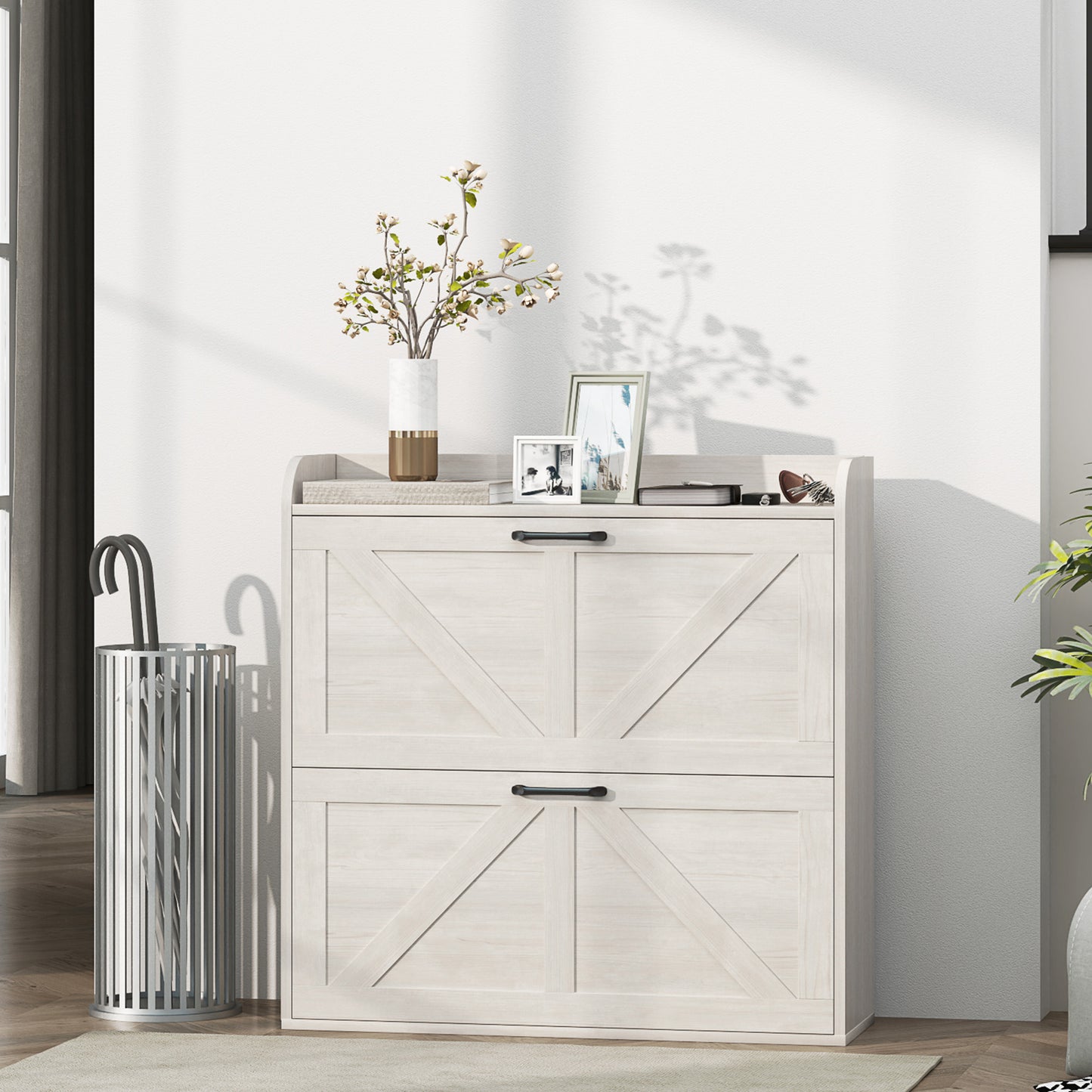 Narrow Shoe Storage Cabinet, Farmhouse Slim Shoe Cabinet with 2 Flip Drawers, Adjustable Shelves, Oak White Kids Crystal