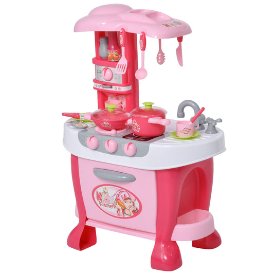 Children's Kitchen Playset with Light & Sound, 38Pcs Toy Accessories, Ideal for Pretend Play, Pink Kids Crystal