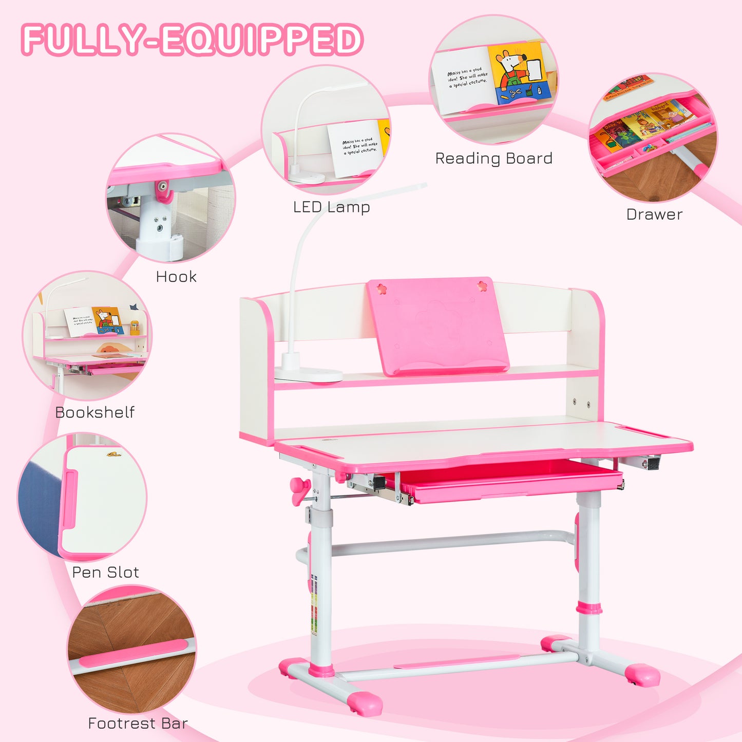 Kids Adjustable Desk and Chair Set with LED Light Bookshelf Drawer for Student Study Pink Kids Crystal
