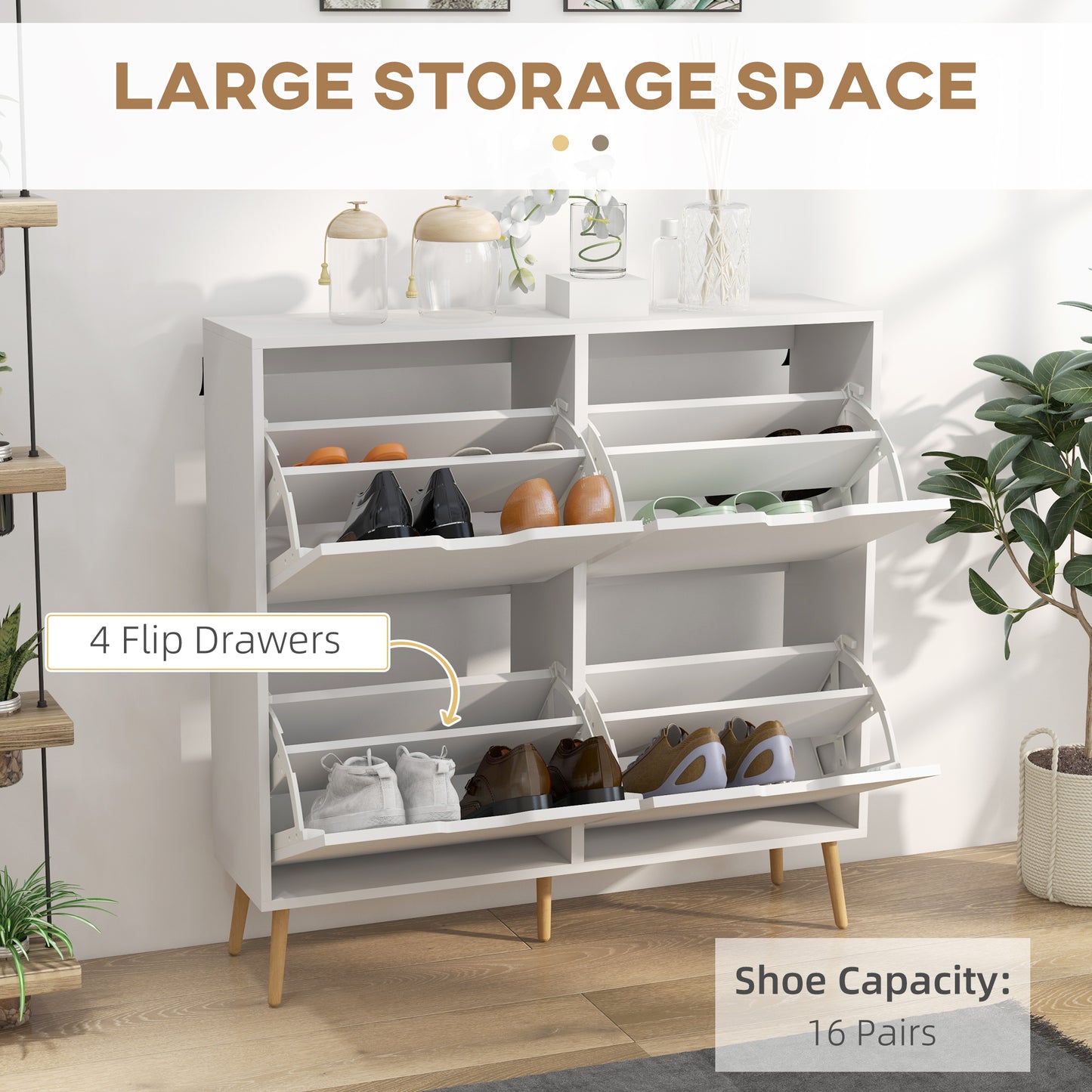 Shoe Storage Cabinet 4 Flip Drawers Adjustable Shelf Shoe Organizer 16 Pairs White Space Saving Kids Crystal