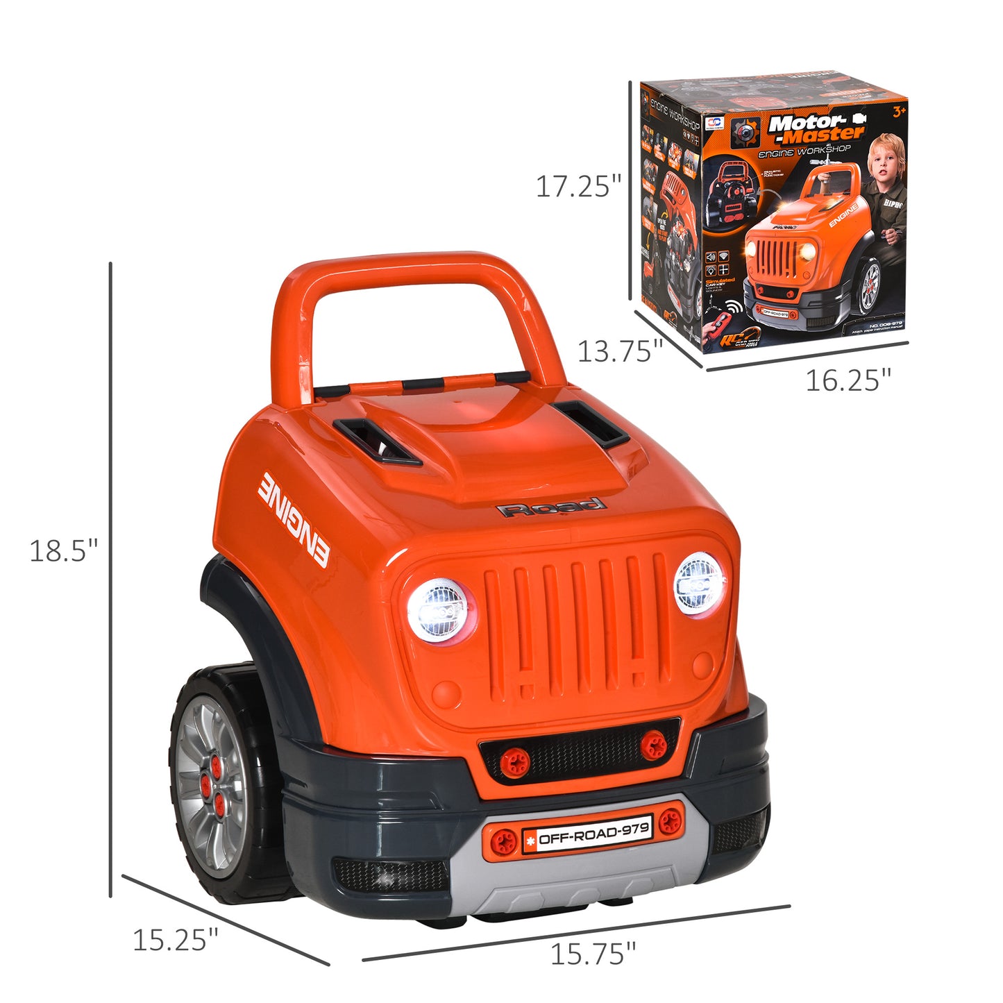 Mechanic's Delight: Educational Kids Truck Engine Toy Set, Car Service Station Playset with Steering Wheel, RC Car Key, Orange Kids Crystal