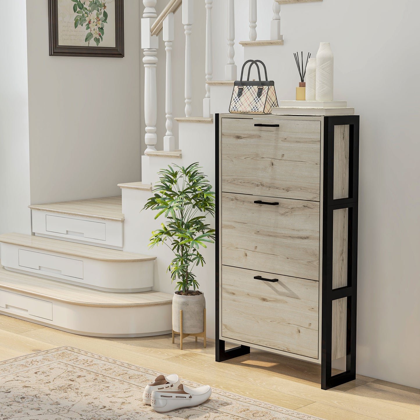 Shoe Cabinet with 3 Flip Drawer, Narrow Slim Shoe Storage Cabinet for 15 Pairs, Walnut Kids Crystal