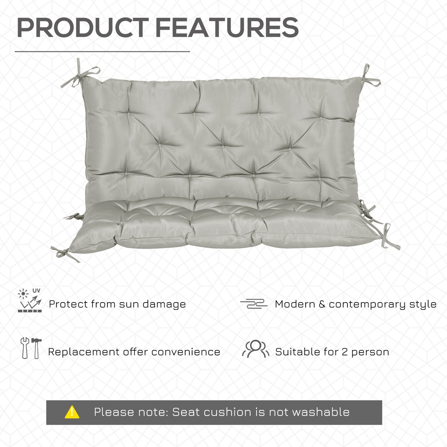 2-Seater Swing Chair Cushion Replacement with Backrest for Garden Bench Indoor Outdoor Use 39.4"x38.6" Grey