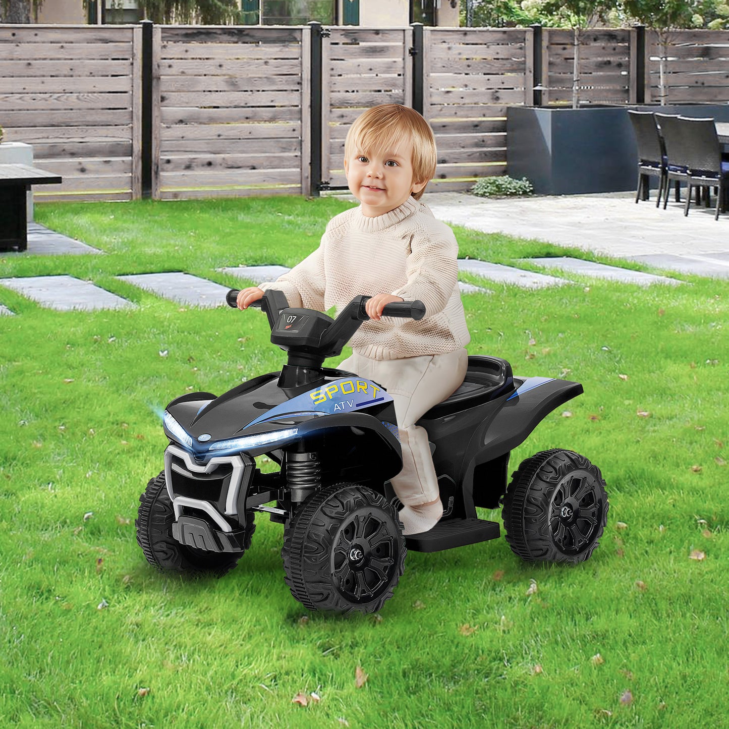 Kids ATV, 6V Battery Powered Electric Vehicle with Headlights, Forward/Reverse Switch for 18-36 Months, Black Kids Crystal