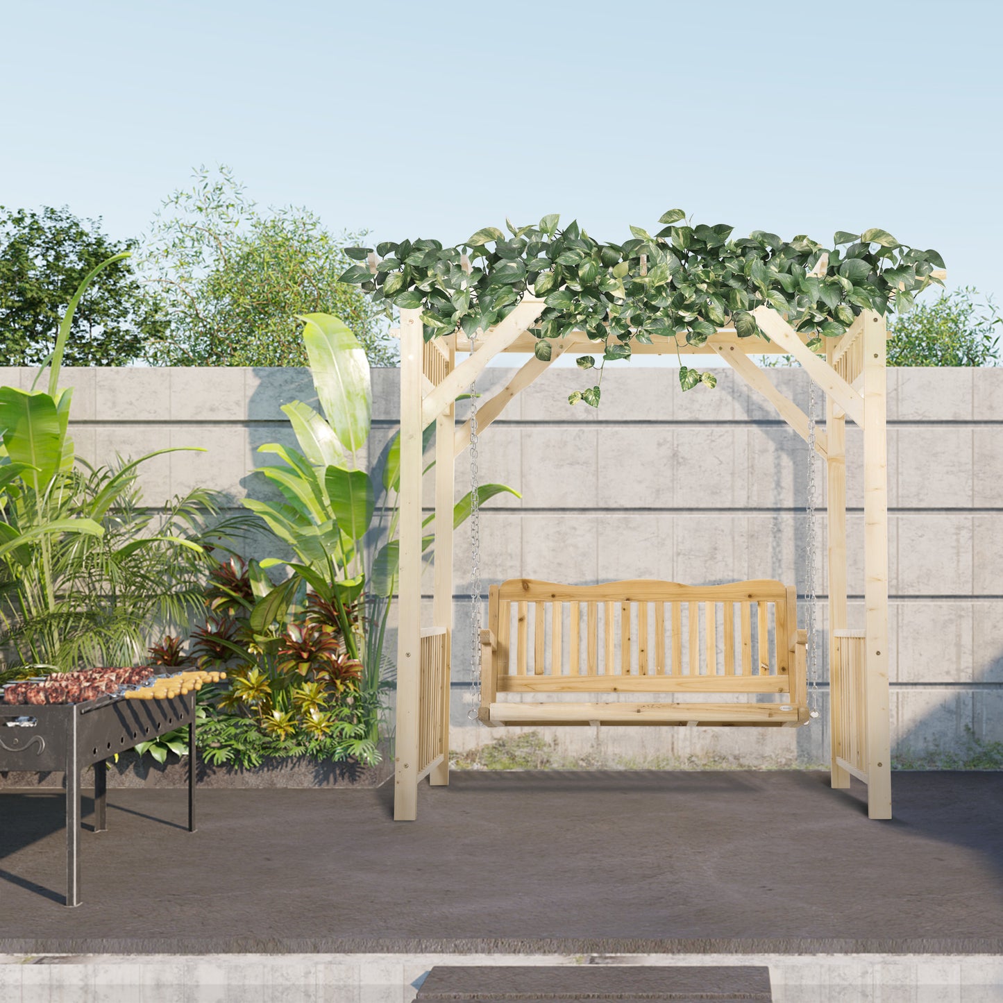 Patio Swing Chair with Pergola, 2-Person Wooden Gazebo Swing Bench Sun Shelter for Garden, Poolside, Backyard, Deck Kids Crystal