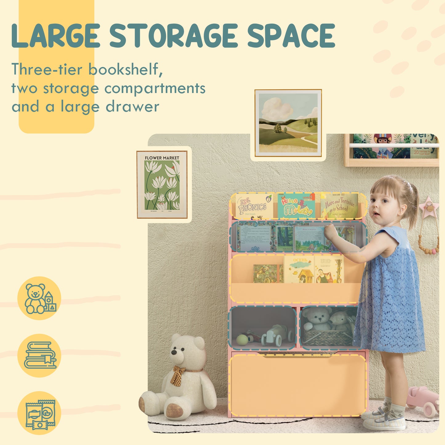 Kids Bookcase with Storage Drawer for Books, Reading Nook, for Classroom, Bedroom, Playroom, Pink