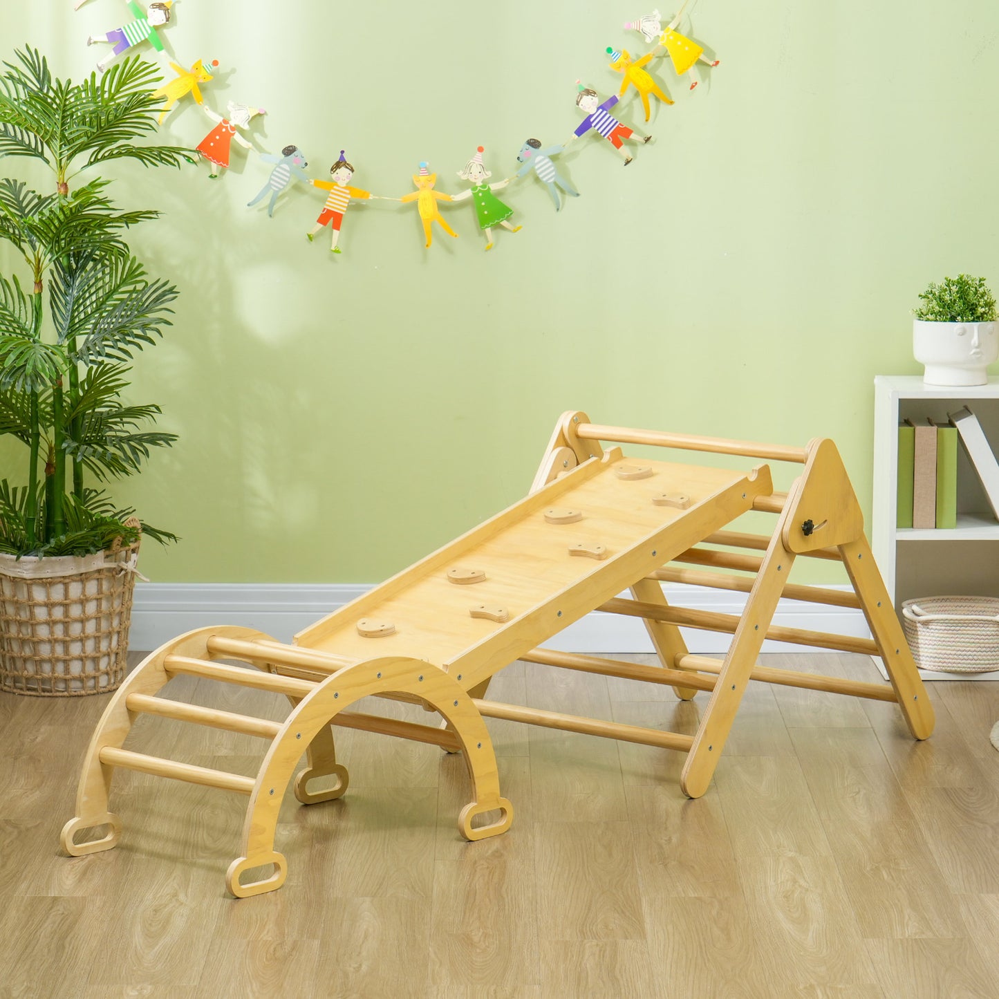 5 in 1 Pikler Triangle Set with Ladder, Ramp, Arch, for 18-48 months, Nature Wood Kids Crystal