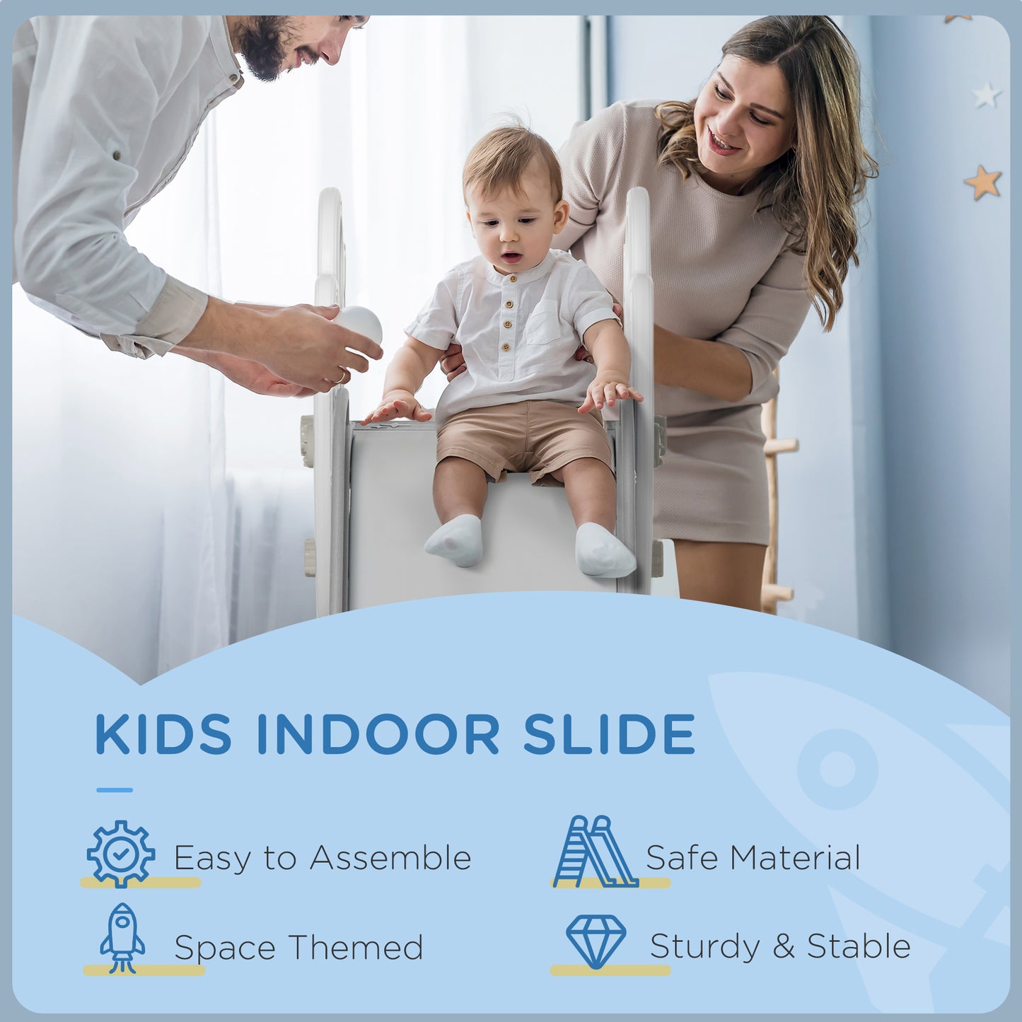 Space-Themed Indoor Playground Slide Climber Playset Toys for Toddlers 1.5-3 Years Old Grey Color Kids Crystal