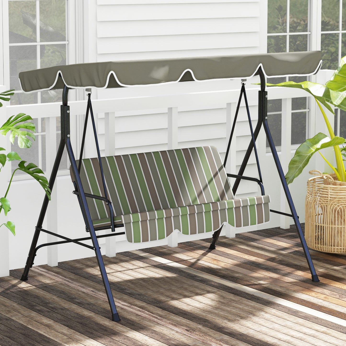 3-Seater Porch Swing with Adjustable Canopy - Outdoor Patio Swing Chair, Garden, Poolside, Green/Brown Kids Crystal