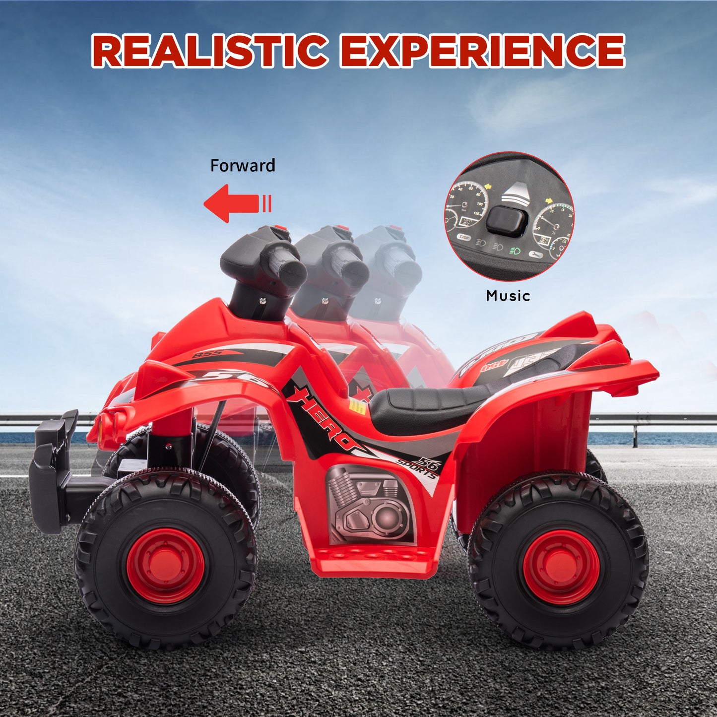 6V Kids ATV Quad w/ Music, Forward, for 2-6 Years, Red Kids Crystal