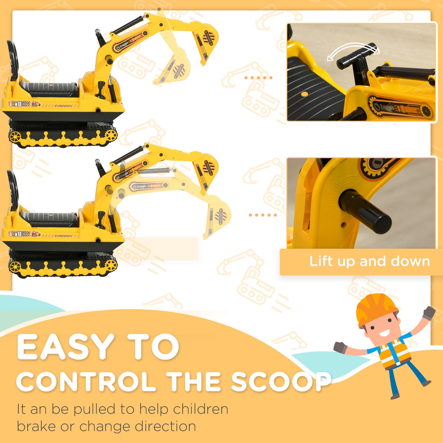 Ride On Excavator Toy Tractors Digger Movable Scooter Walker Pretend Play for Toddlers Yellow Black Kids Crystal