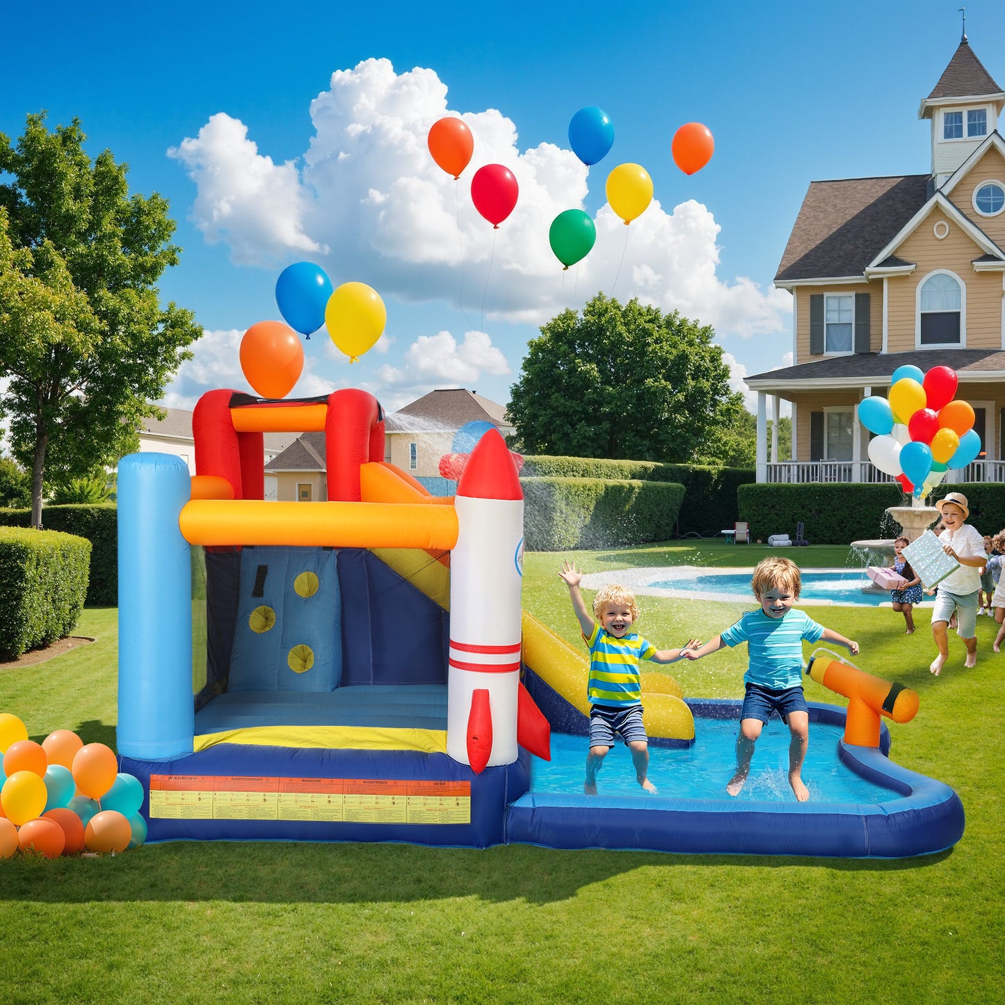 5 in 1 Inflatable Bouncy Castle for Kids with 550W Blower, Splash Pool, Jumping Area, Climbing Wall, Cannon Kids Crystal