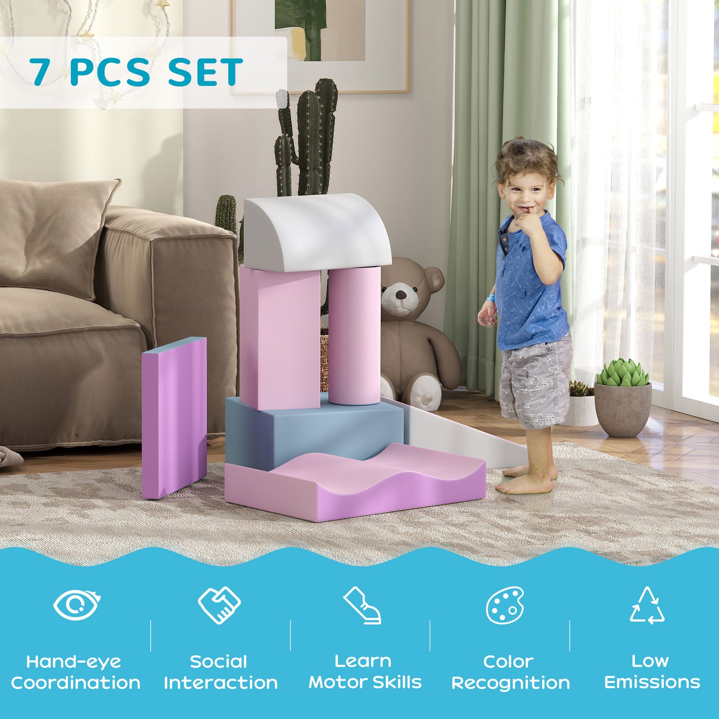 7 Pieces Soft Play Foam Climbing Blocks, Indoor Modular Kids Play Toys for Climbing, Crawling, Sliding, Light Colour Kids Crystal
