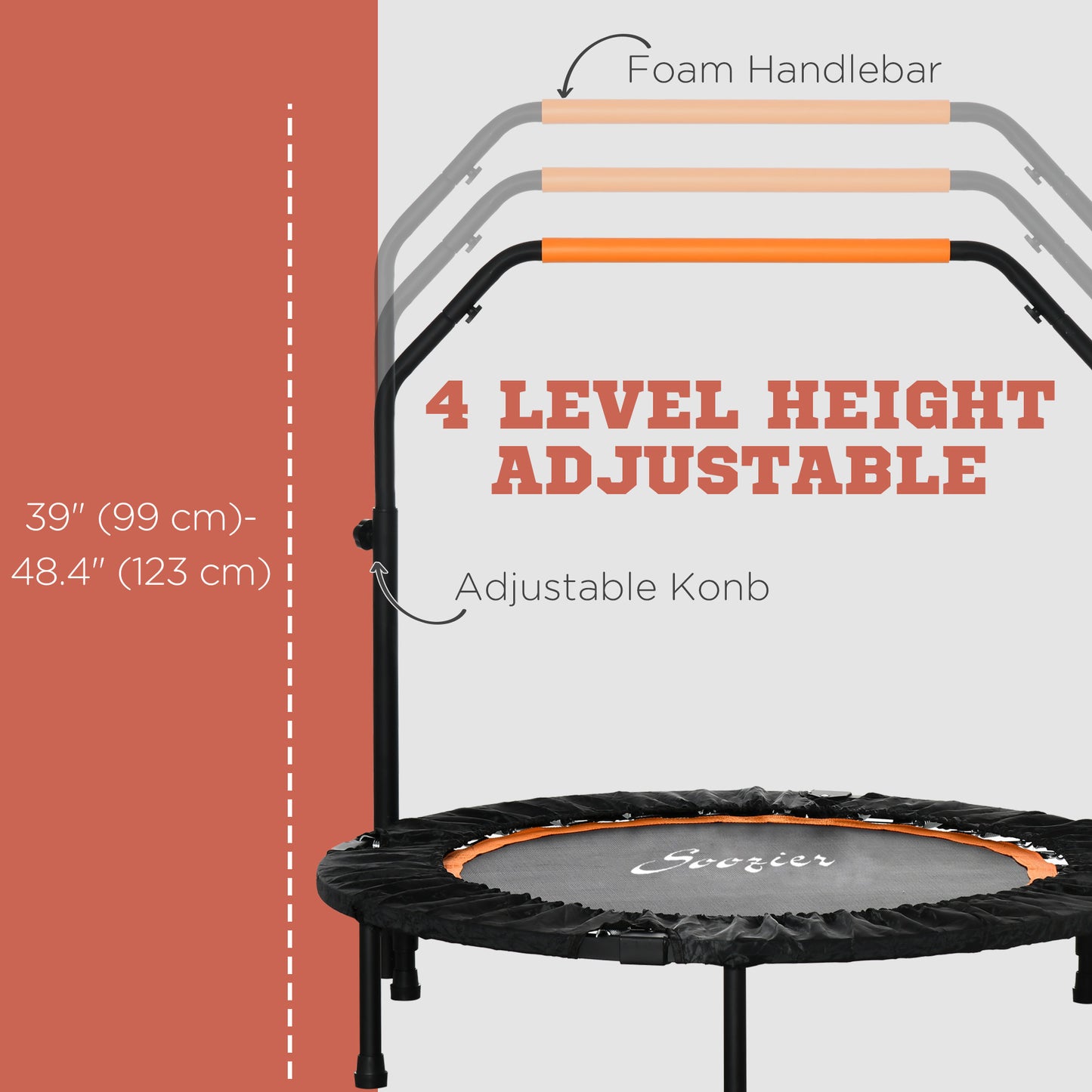 40" Foldable Mini Fitness Trampoline, with Adjustable Foam Handle, Orange Kids Crystal