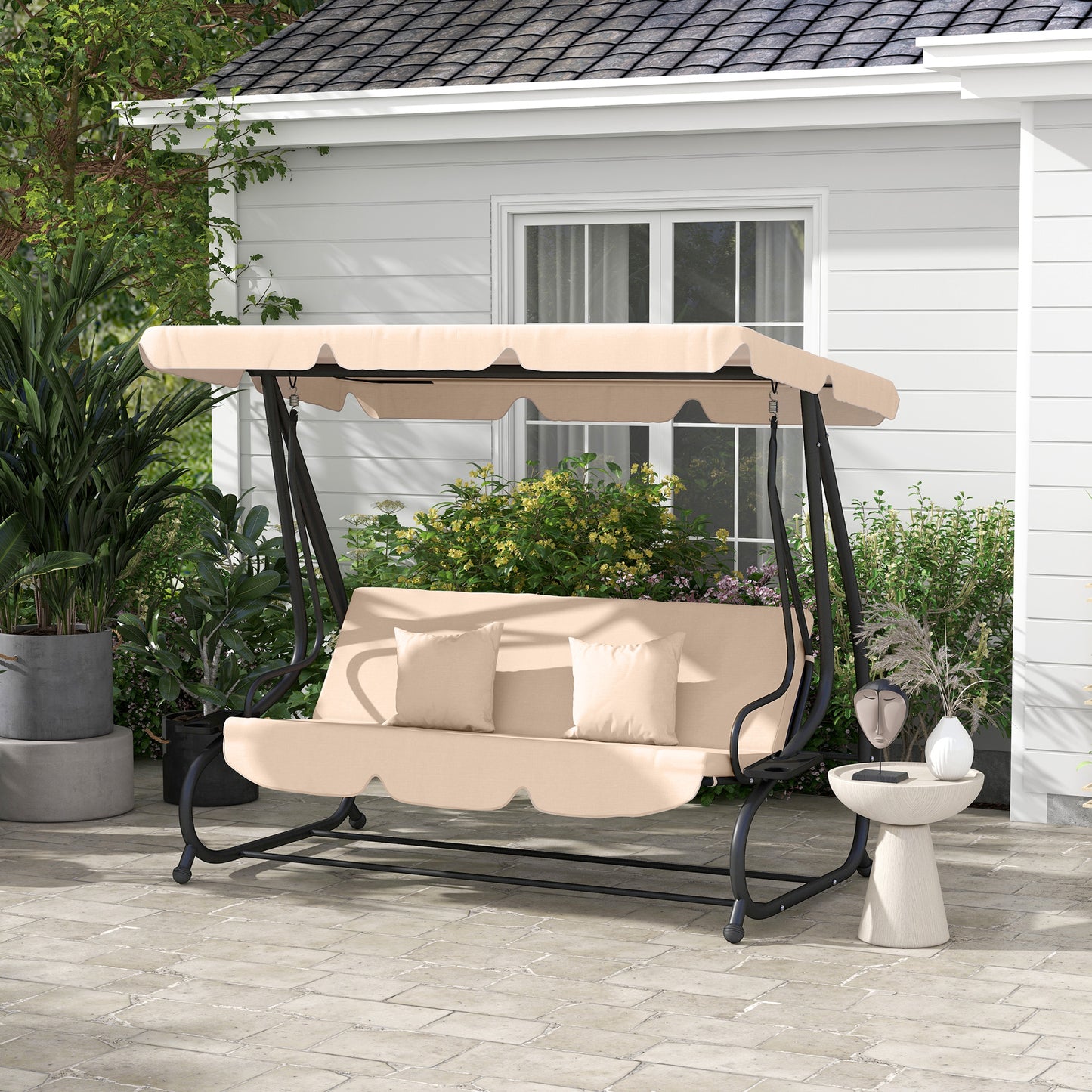 3-Seat Outdoor Patio Swing Chair, Converting Flat Bed, Canopy Swing with Adjustable Shade, Cup Holder, Light Brown Kids Crystal