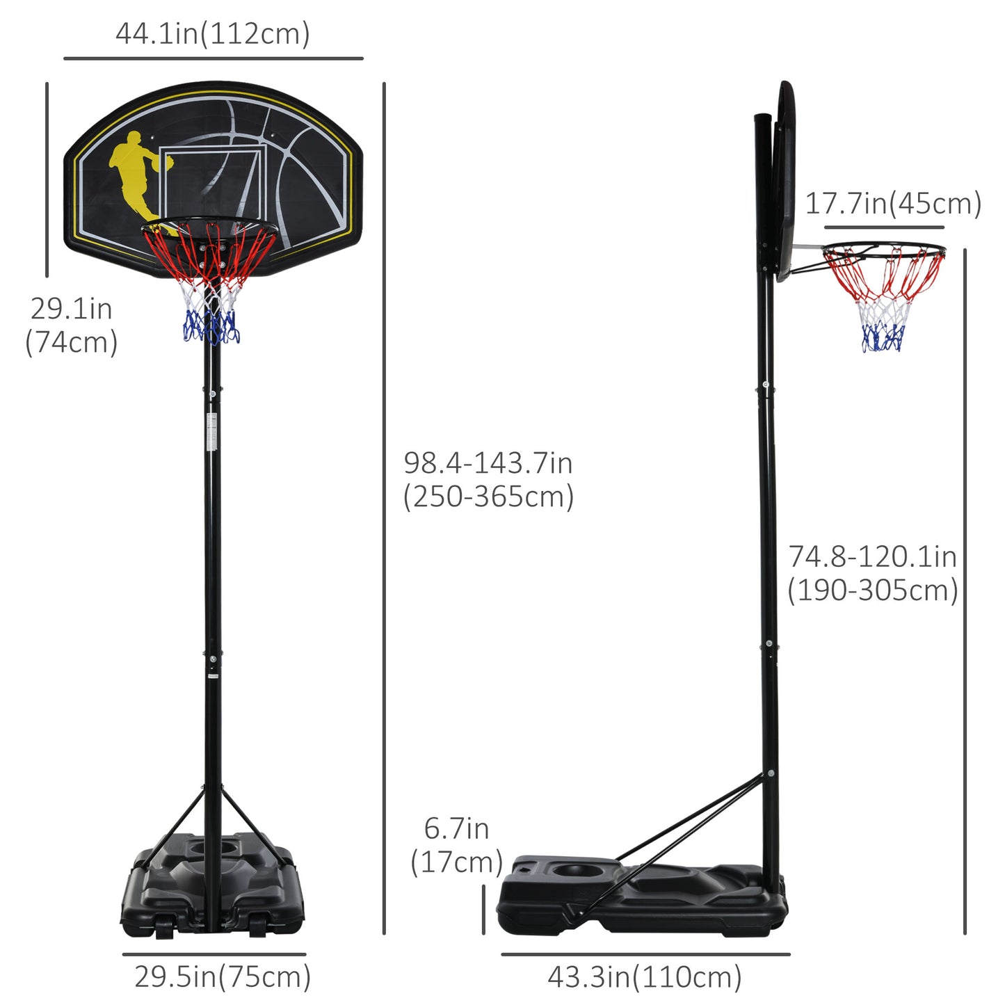 6.5'-10' Adjustable Portable Basketball Hoop System Outdoor Stand for Youth Adult Kids Crystal