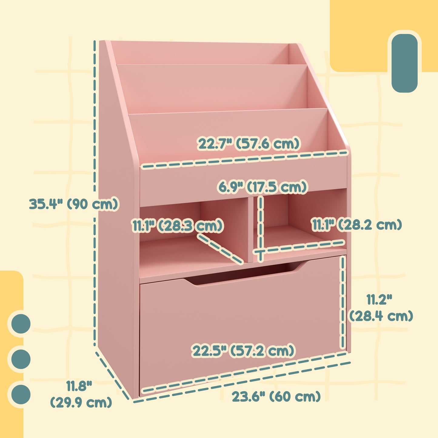 Kids Bookcase with Storage Drawer for Books, Reading Nook, for Classroom, Bedroom, Playroom, Pink