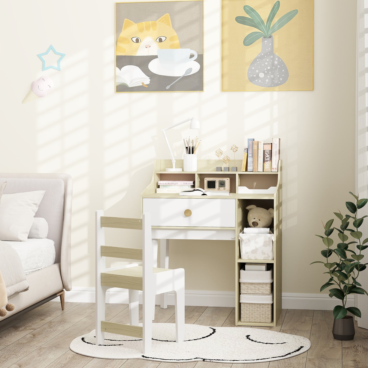 Kids Desk and Chair Set with Storage Shelves, Drawer, for 3-10 Years, White Kids Crystal