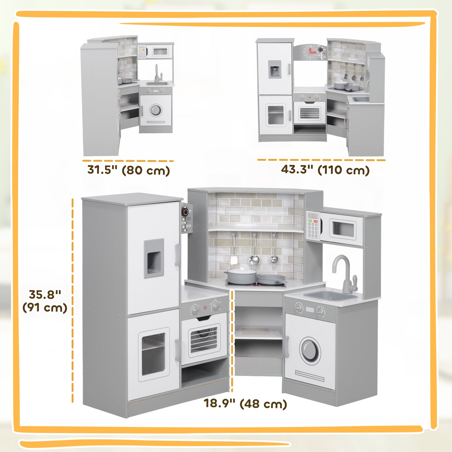Corner Play Kitchen, Pretend Play Kitchen Set with Lights & Sounds, Stove Ice Maker Microwave Oven Kids Crystal