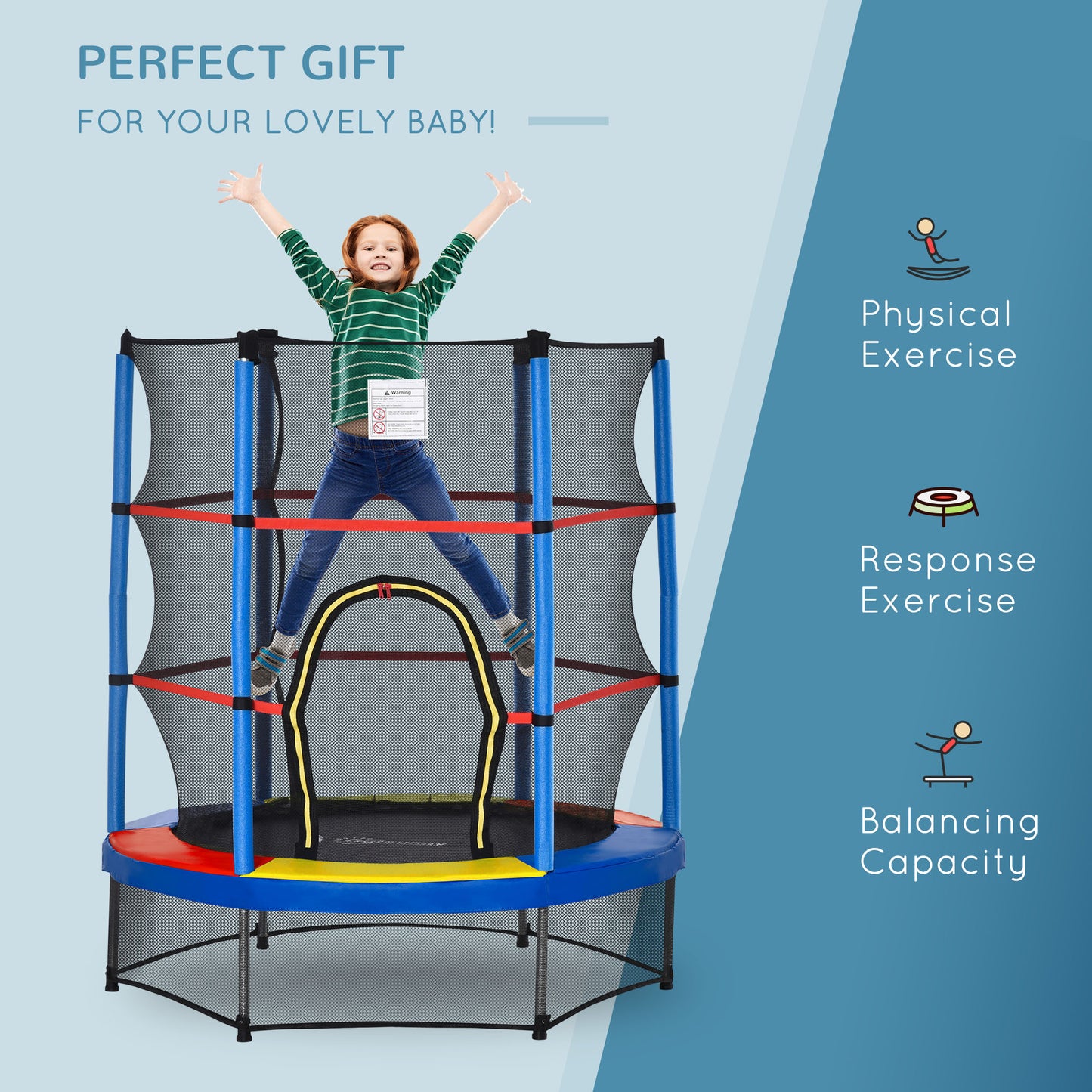 Kids Trampoline: ?55" Round, Safety Net, Indoor Bouncer, 3-6 Years, Steel Frame, Multi-Coloured Kids Crystal