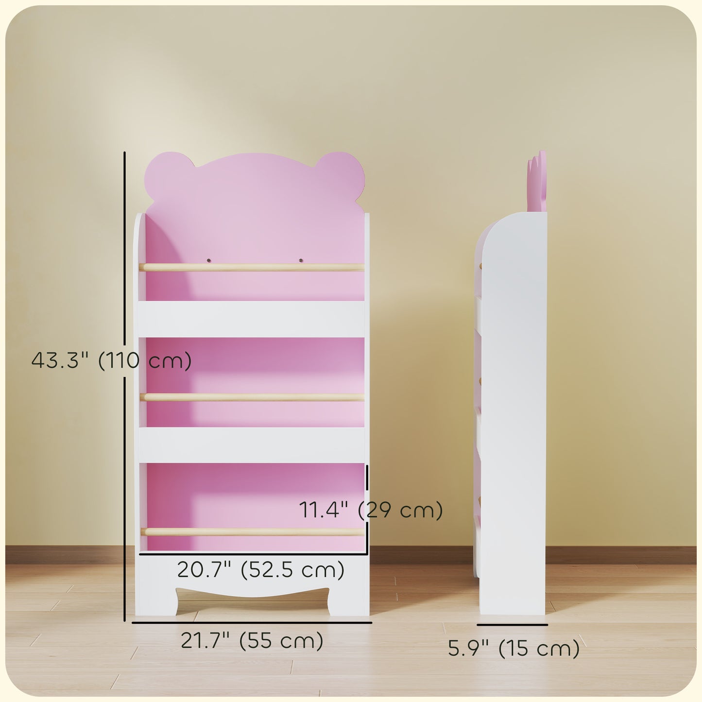 3-Tier Bear Theme Kids Bookshelf with Anti-tipping Device for Living Room, Kids Room, Playroom, Pink