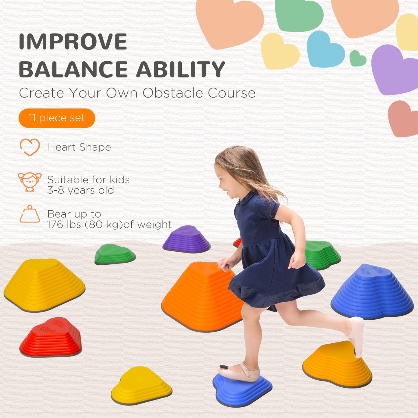11PCs Non-Slip Stackable Kids Stepping Stones, Heart-Shaped Kids Crystal