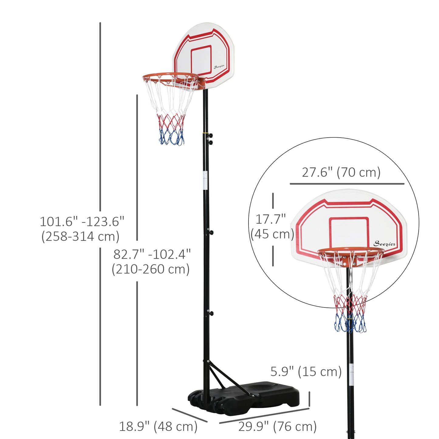 7-8.5ft Basketball Hoop, Freestanding Basketball System with 27.5" Shatterproof Backboard and Wheels, White Kids Crystal
