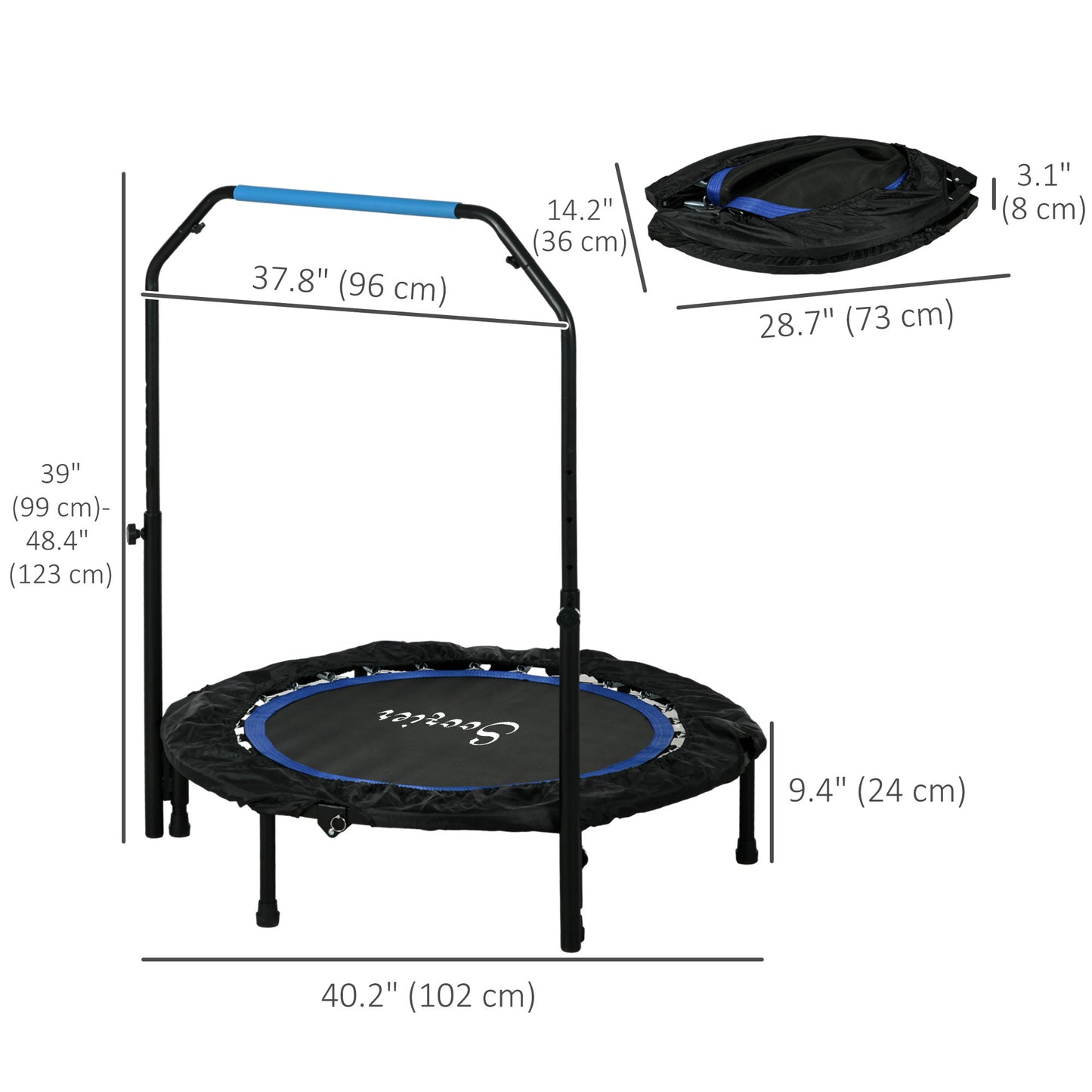 40" Foldable Mini Fitness Trampoline, with Adjustable Foam Handle, Blue Kids Crystal