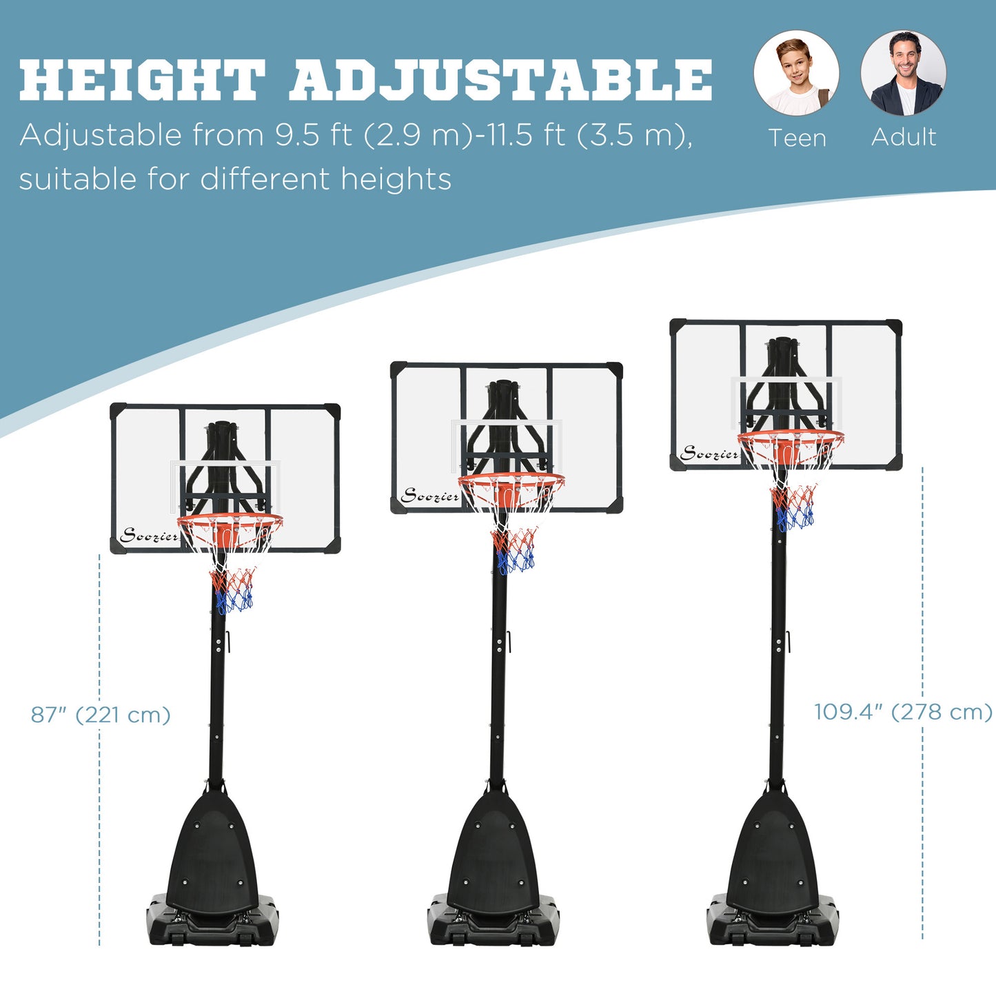 Portable Basketball Stand: Outdoor, 115.4"-137.8" Height Adjustable, with Backboard, Weighted Base Wheels - Black and Red Kids Crystal