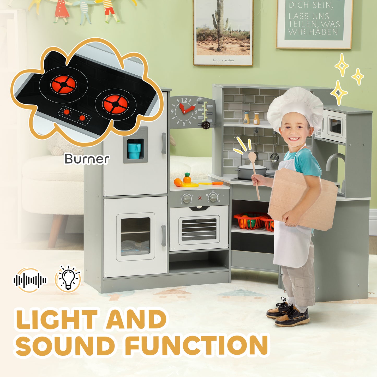 Corner Play Kitchen, Pretend Play Kitchen Set with Lights & Sounds, Stove Ice Maker Microwave Oven Kids Crystal