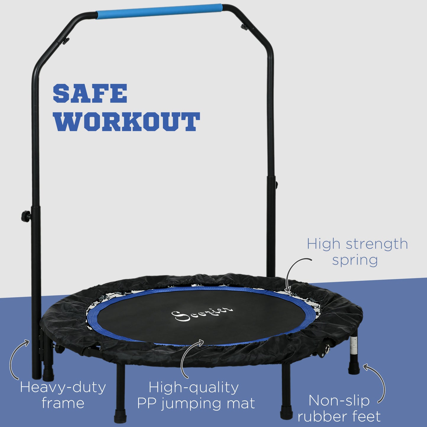 40" Foldable Mini Fitness Trampoline, with Adjustable Foam Handle, Blue Kids Crystal