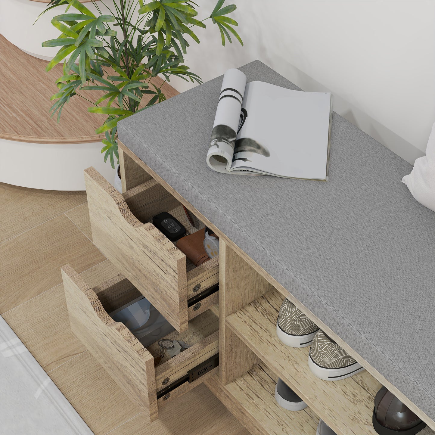 Upholstered Shoe Storage Bench w/ Seat, Entrance Bench w/ Drawer Open Shelves and Pocket for Hallway, Grey Kids Crystal