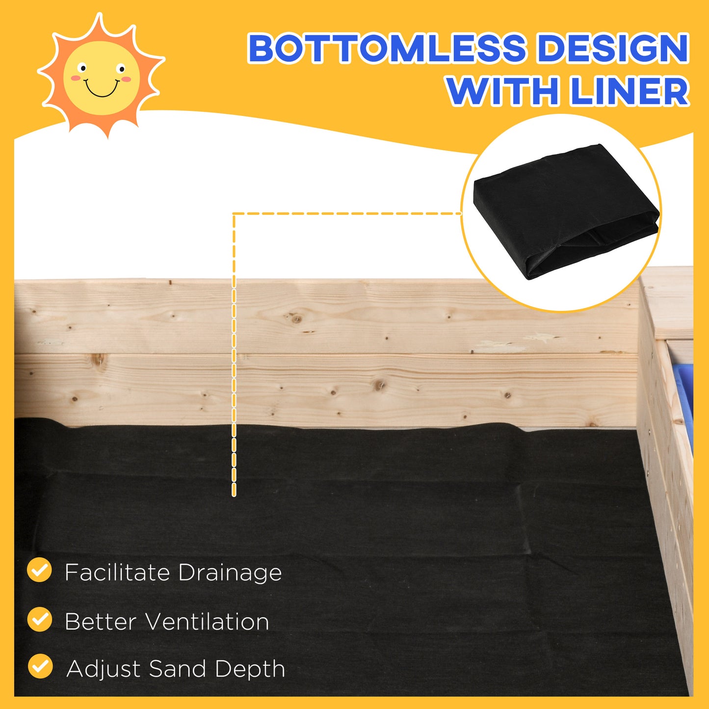 Wooden Kids Sandbox with Foldable Bench Seat, 2 Plastic Boxes, Bottom Liner, Storage Space for Garden, Backyard Kids Crystal