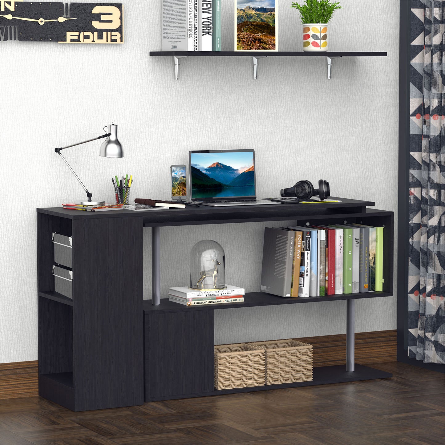 55&" Black Corner Computer Desk - 360° Rotating L-Shaped Workstation with 3-Tier Shelves & Bookshelf Kids Crystal
