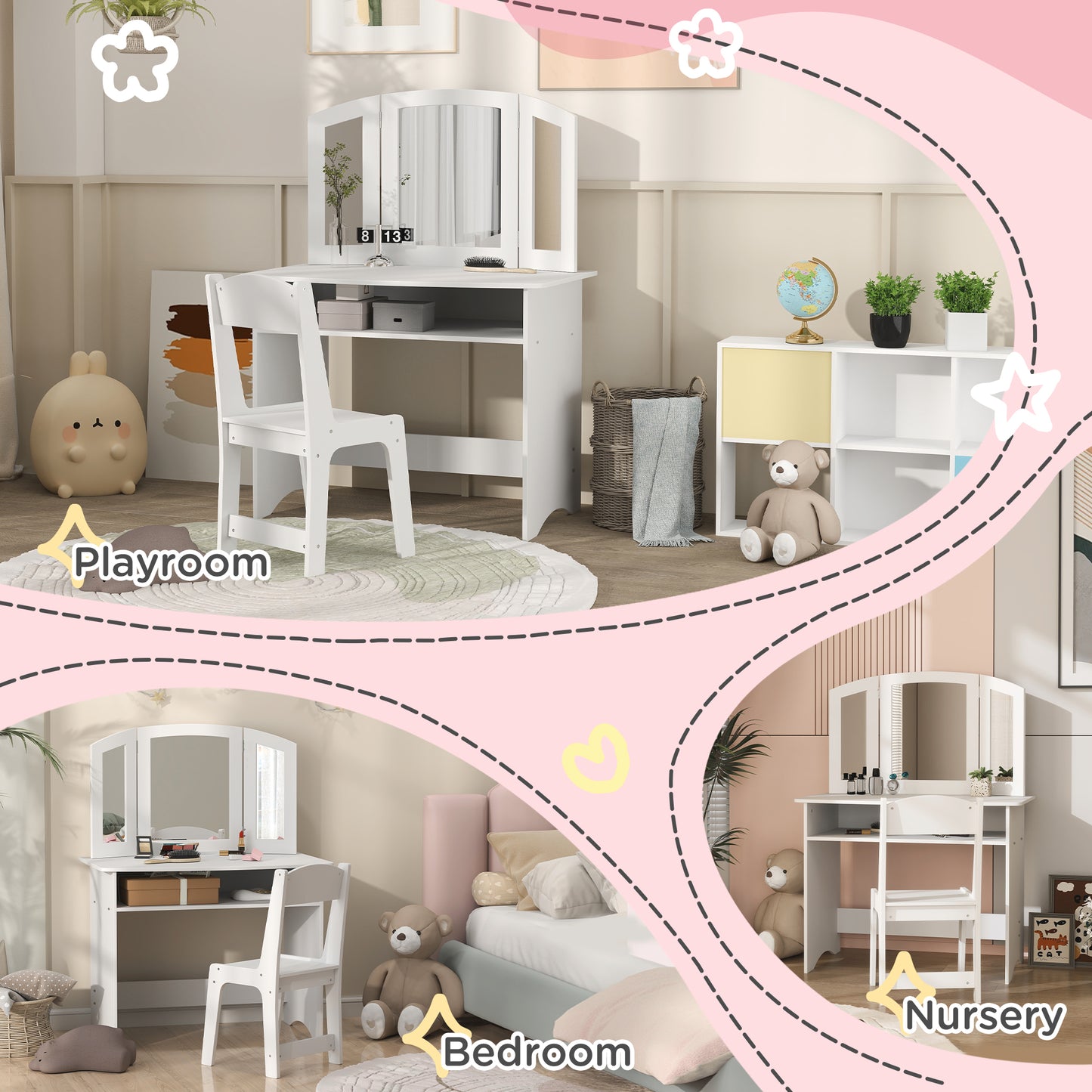 2 in 1 Kids Vanity Set Makeup Dressing Table Pretend Play Set with Tri-Folding Mirror, Stool, Storage Shelf Kids Crystal