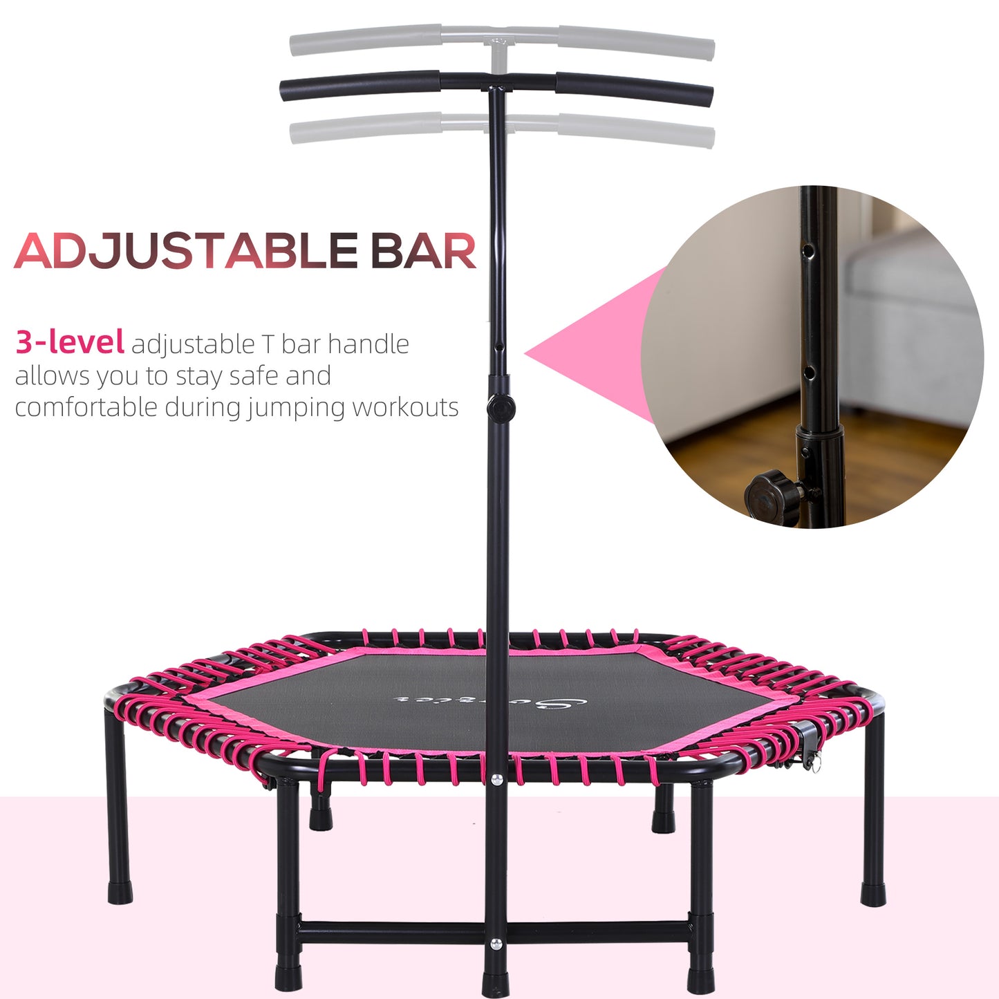 Hexagon Mini Trampoline 48" Adult Fitness Rebounder with Adjustable Handle Pink Cardio Trainer Outdoor Bouncer Kids Crystal