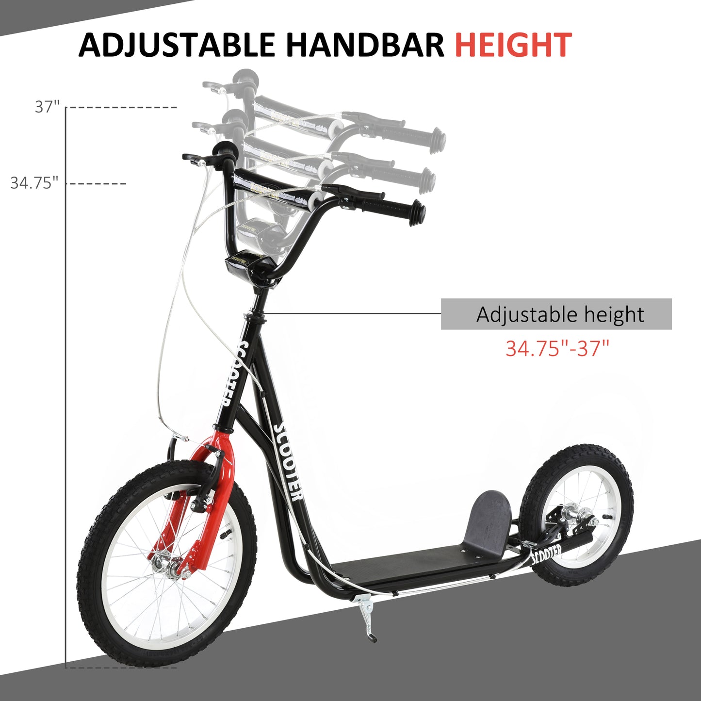 Teens Youth Kick Scooter Adjustable Handlebar Ride On Toy For 5+ w/ Front and Rear Dual Brakes Inflatable Wheels Black Kids Crystal