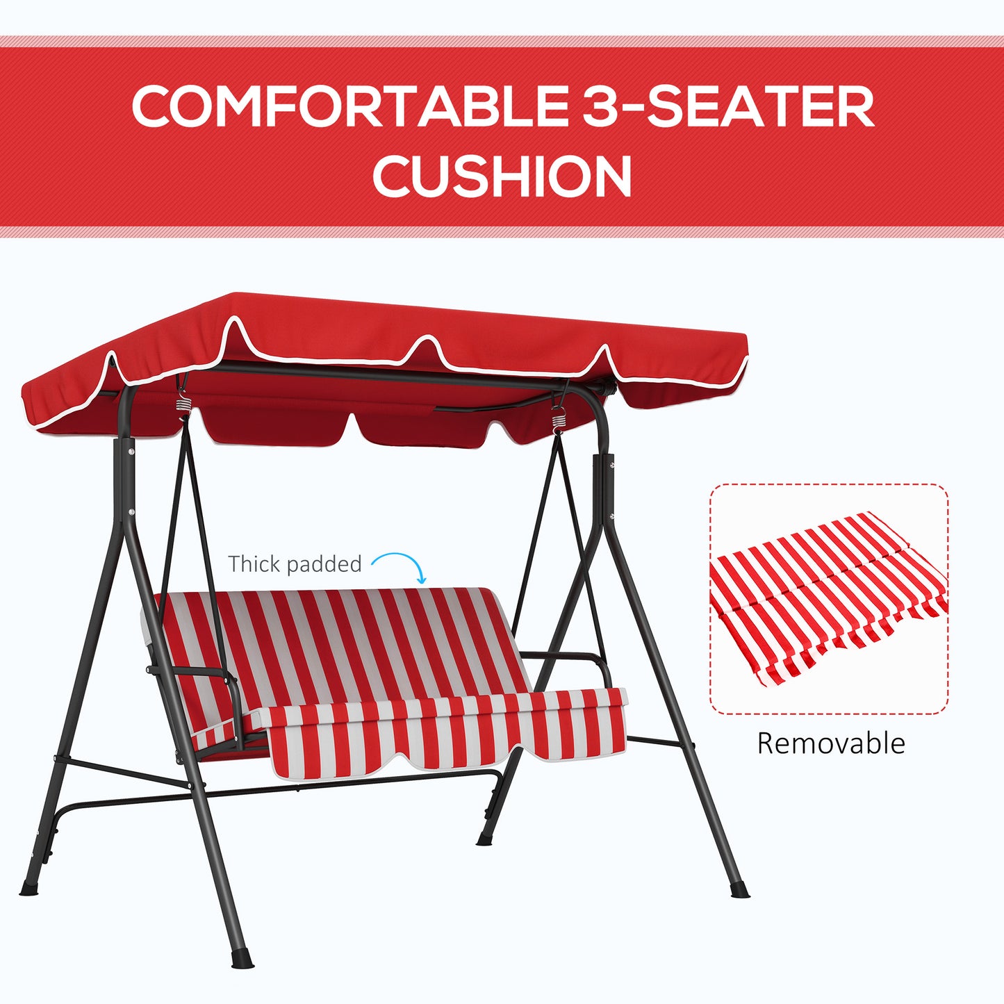3-Seater Outdoor Porch Swing with Adjustable Canopy, Patio Swing Chair for Garden, Poolside, Backyard, Red