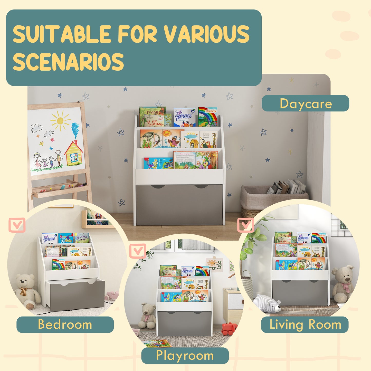 Kids Bookshelf with 3 Tier Display Shelves, Drawer for Nursery, Grey Kids Crystal