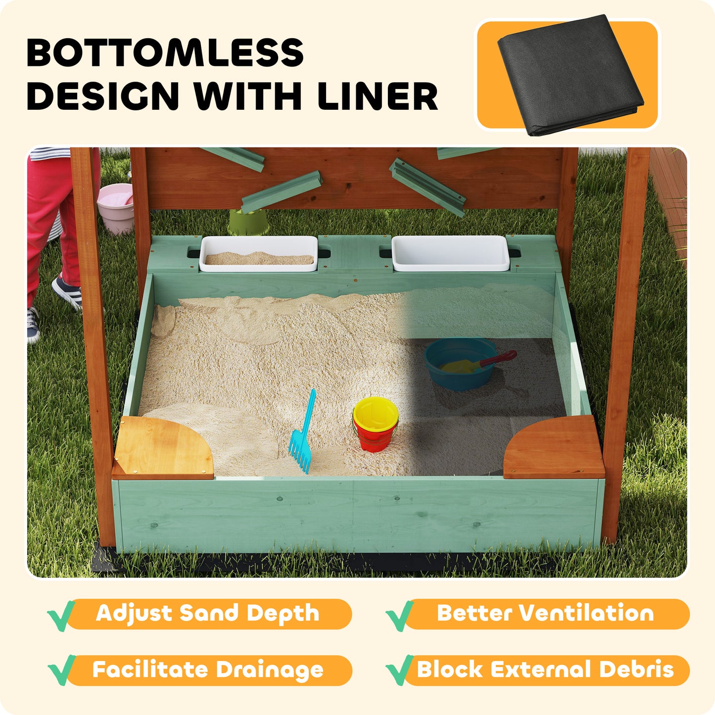 Wooden Kids Sandbox with Canopy, Sand Wall, Bottom Liner, for 3-6 Years, 46" x 44" W x 50" Green Kids Crystal