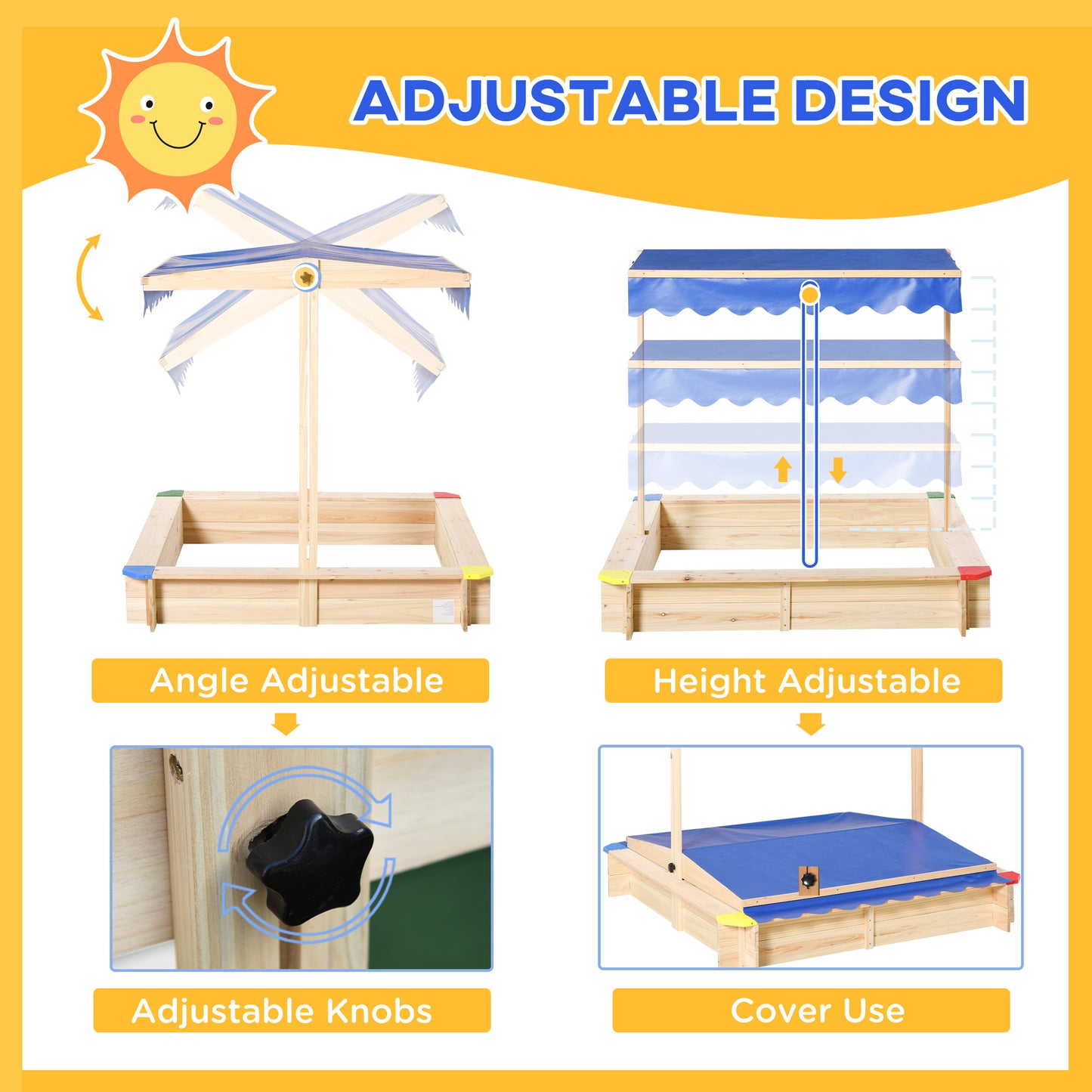Kids Wooden Sandbox, Play Station for Children Outdoor, with Adjustable Canopy Shade, Seats, for Backyard, Beach Kids Crystal